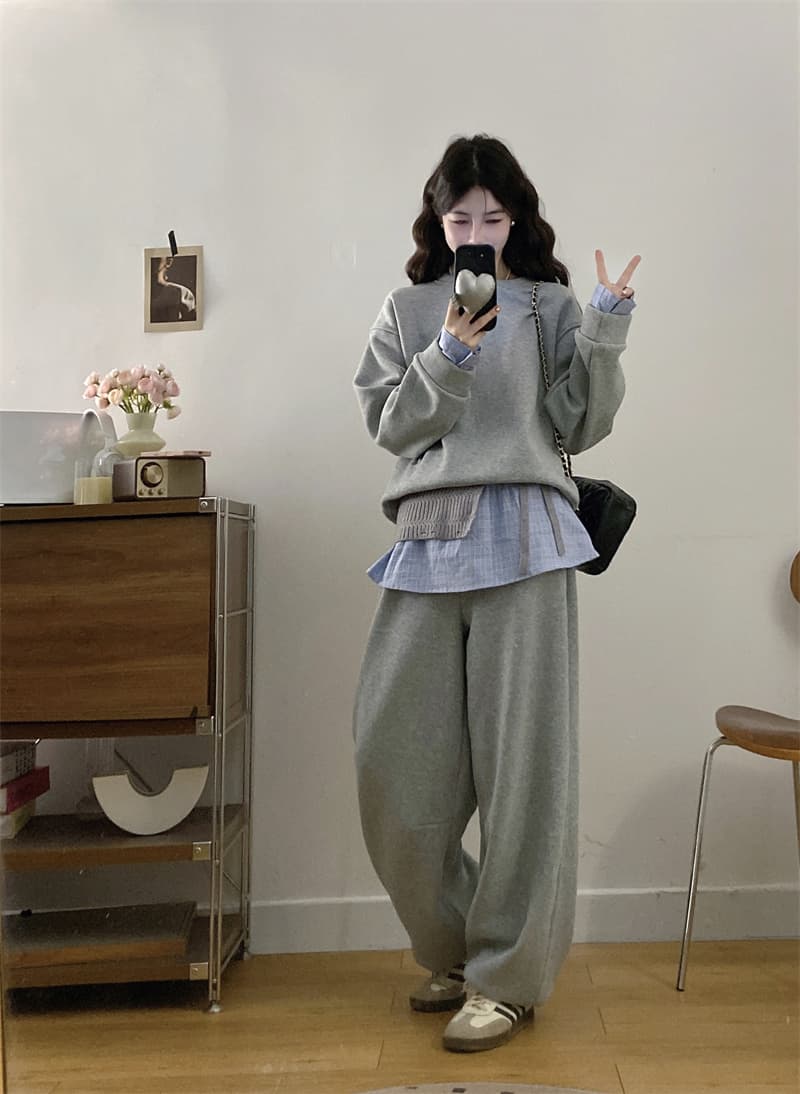 2026 봄 드레스 새로운 레트로 패치워크 페이크 레이어드 후드티 세트 여성 새로운 체크무늬 랩스커트팬츠 웨이 바지 3종 세트 상세 이미지 9
