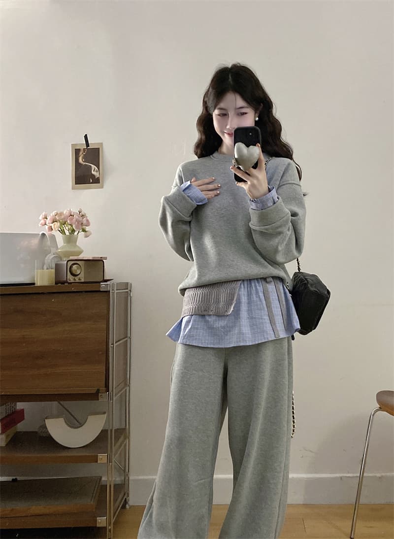 2026 봄 드레스 새로운 레트로 패치워크 페이크 레이어드 후드티 세트 여성 새로운 체크무늬 랩스커트팬츠 웨이 바지 3종 세트 상세 이미지 11