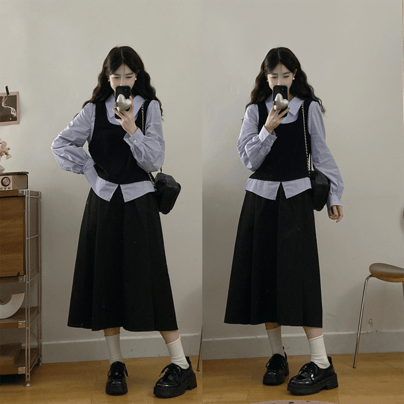 실사 학원 필터 페이크 레이어드 패치워크 셔츠 학원 스타일 패션 세트 상세 이미지 1