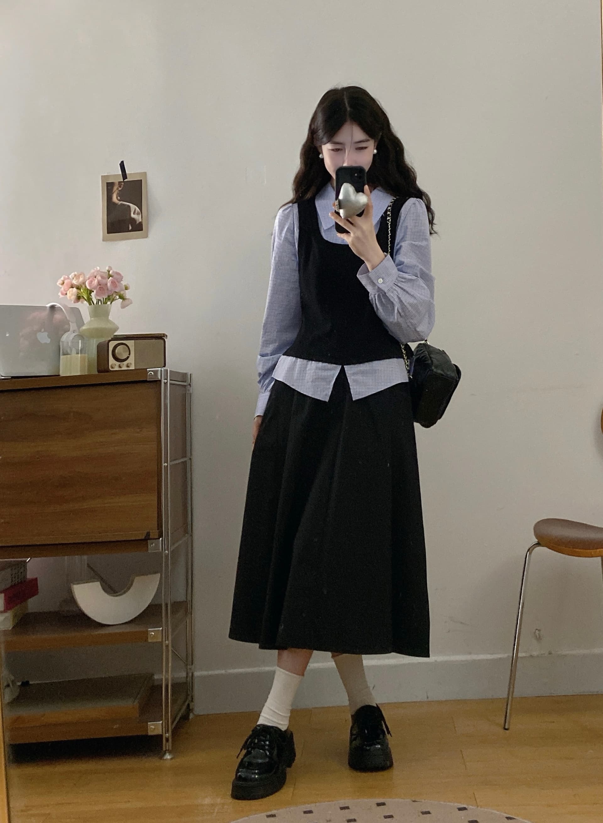 실사 학원 필터 페이크 레이어드 패치워크 셔츠 학원 스타일 패션 세트 상세 이미지 4