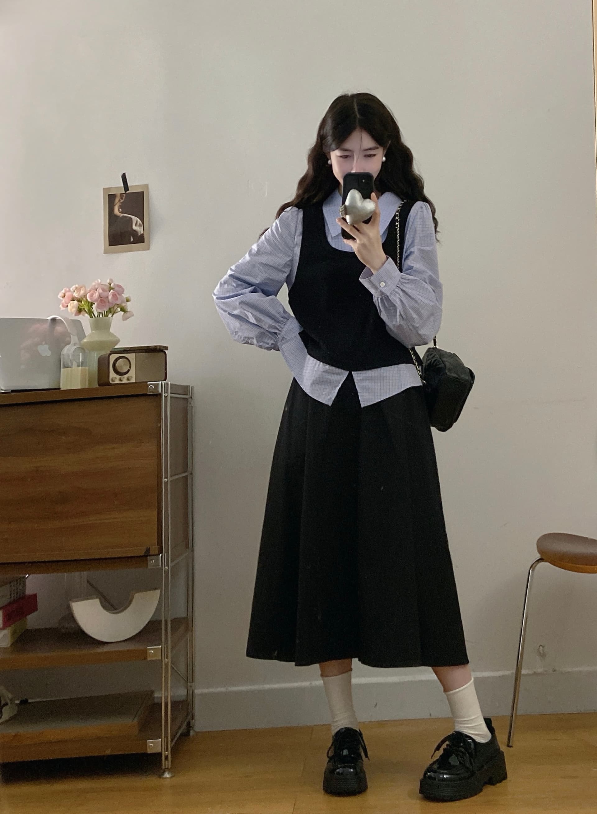 실사 학원 필터 페이크 레이어드 패치워크 셔츠 학원 스타일 패션 세트 상세 이미지 5