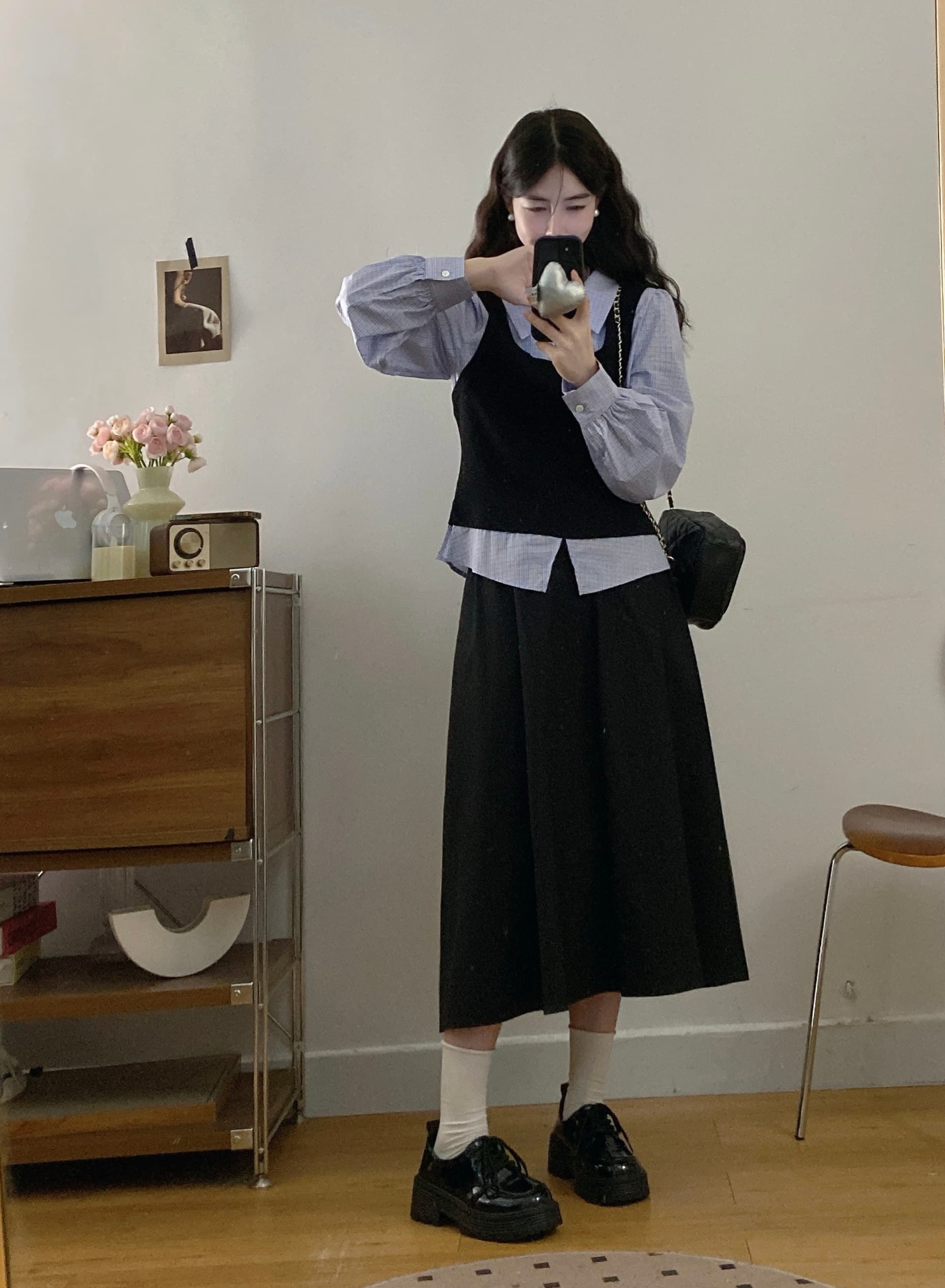 실사 학원 필터 페이크 레이어드 패치워크 셔츠 학원 스타일 패션 세트 상세 이미지 6