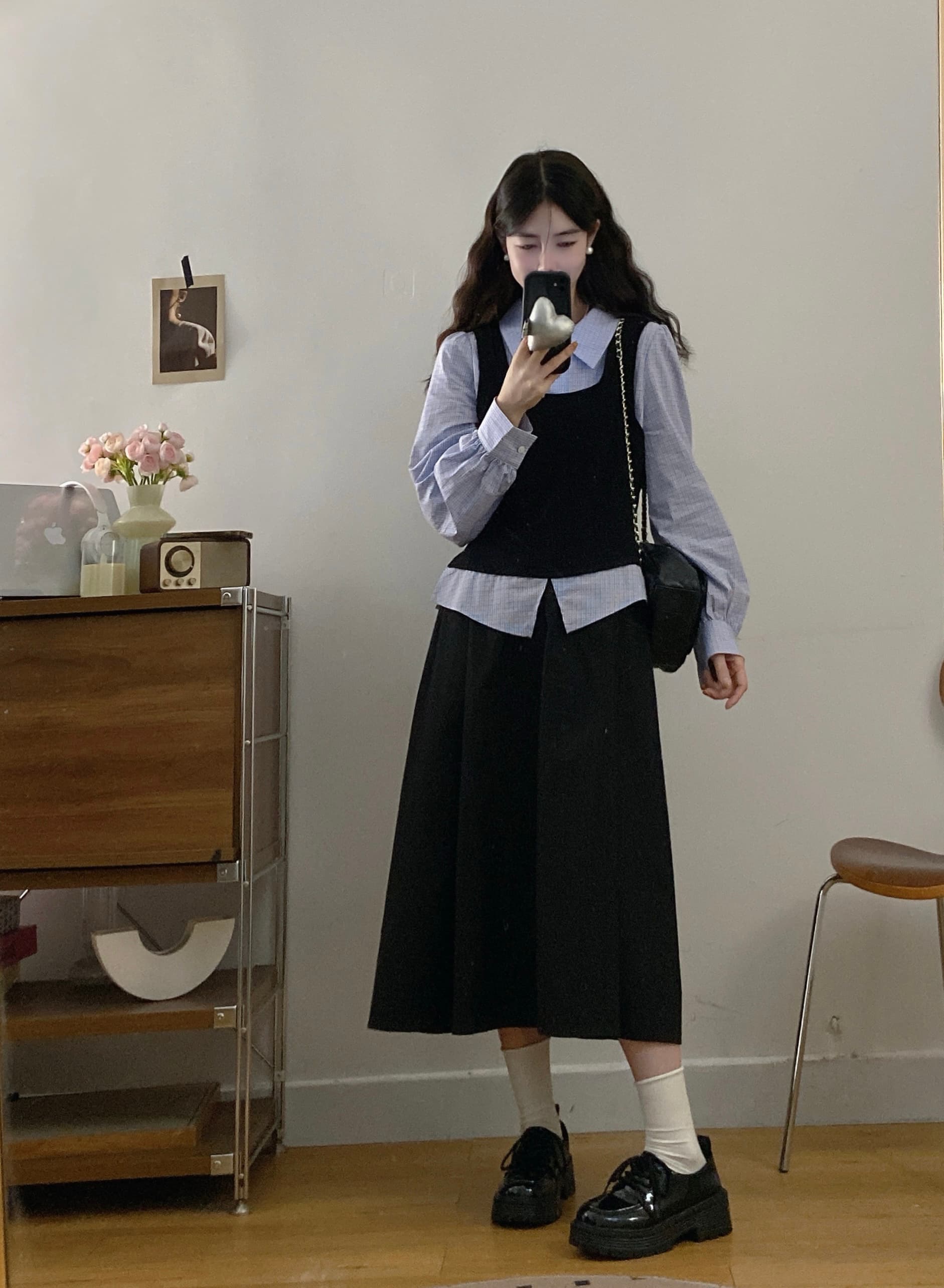 실사 학원 필터 페이크 레이어드 패치워크 셔츠 학원 스타일 패션 세트 상세 이미지 9