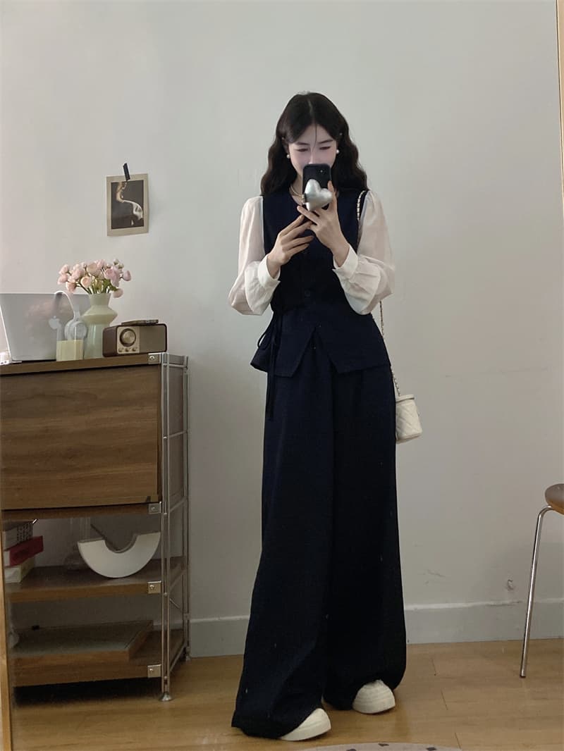 고급 센스 오래된 돈 바람 세트 여성 새로운 느슨함 센스 레이스업 베스트 와이드 레그 팬츠 투피스 세트 상세 이미지 4