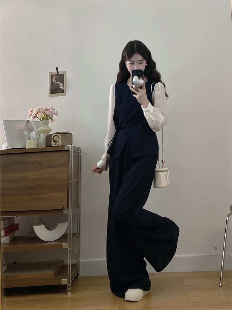 고급 센스 오래된 돈 바람 세트 여성 새로운 느슨함 센스 레이스업 베스트 와이드 레그 팬츠 투피스 세트 상세 이미지 5