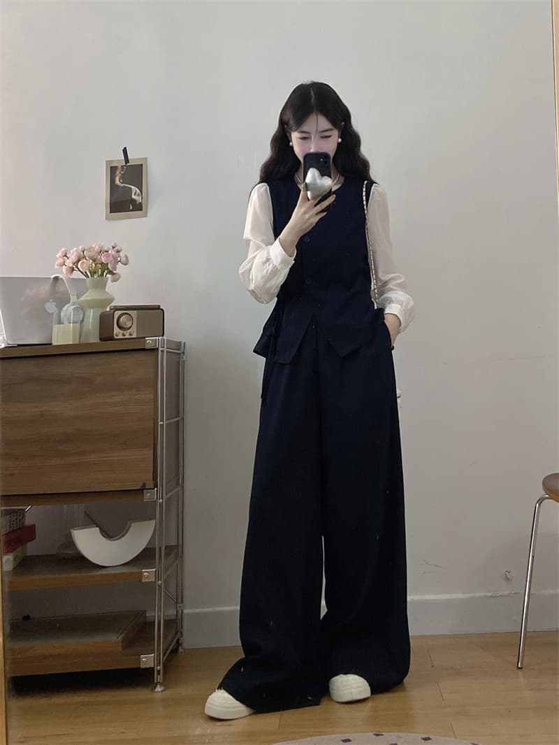 고급 센스 오래된 돈 바람 세트 여성 새로운 느슨함 센스 레이스업 베스트 와이드 레그 팬츠 투피스 세트 상세 이미지 7