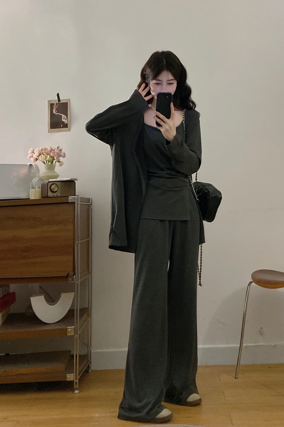 오픈 가디건 슬립 와이드 레그 팬츠 세 조각 여성 세트 봄 여름 몸매 가꾸기 슬림해 보이는 경기 긴 바지 타이트 순수한 욕망 핫걸 상세 이미지 2