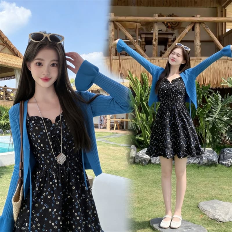 한 부서 검정색 꽃무늬 치마 여성 여름 해변가 휴가 운남 관광 슬립 드레스