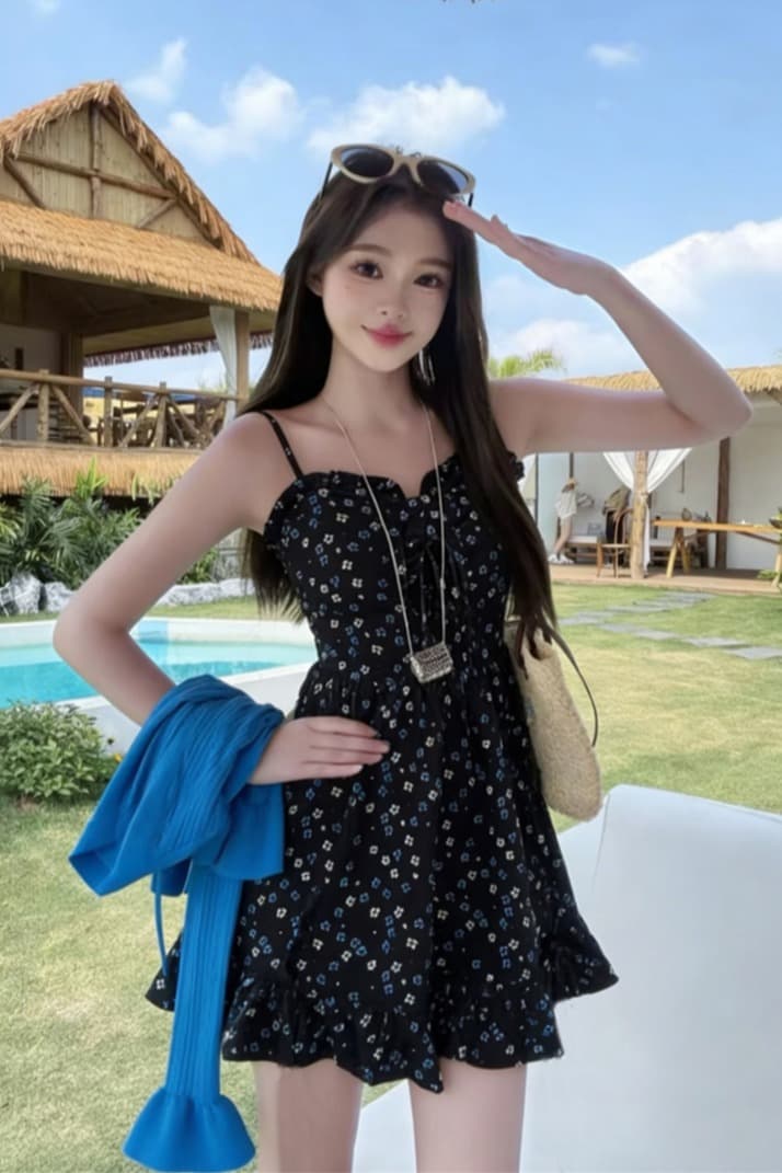 한 부서 검정색 꽃무늬 치마 여성 여름 해변가 휴가 운남 관광 슬립 드레스 이미지 5