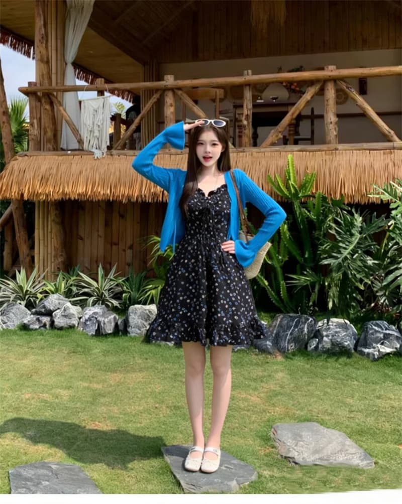 한 부서 검정색 꽃무늬 치마 여성 여름 해변가 휴가 운남 관광 슬립 드레스 상세 이미지 1