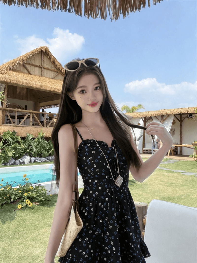한 부서 검정색 꽃무늬 치마 여성 여름 해변가 휴가 운남 관광 슬립 드레스 상세 이미지 8