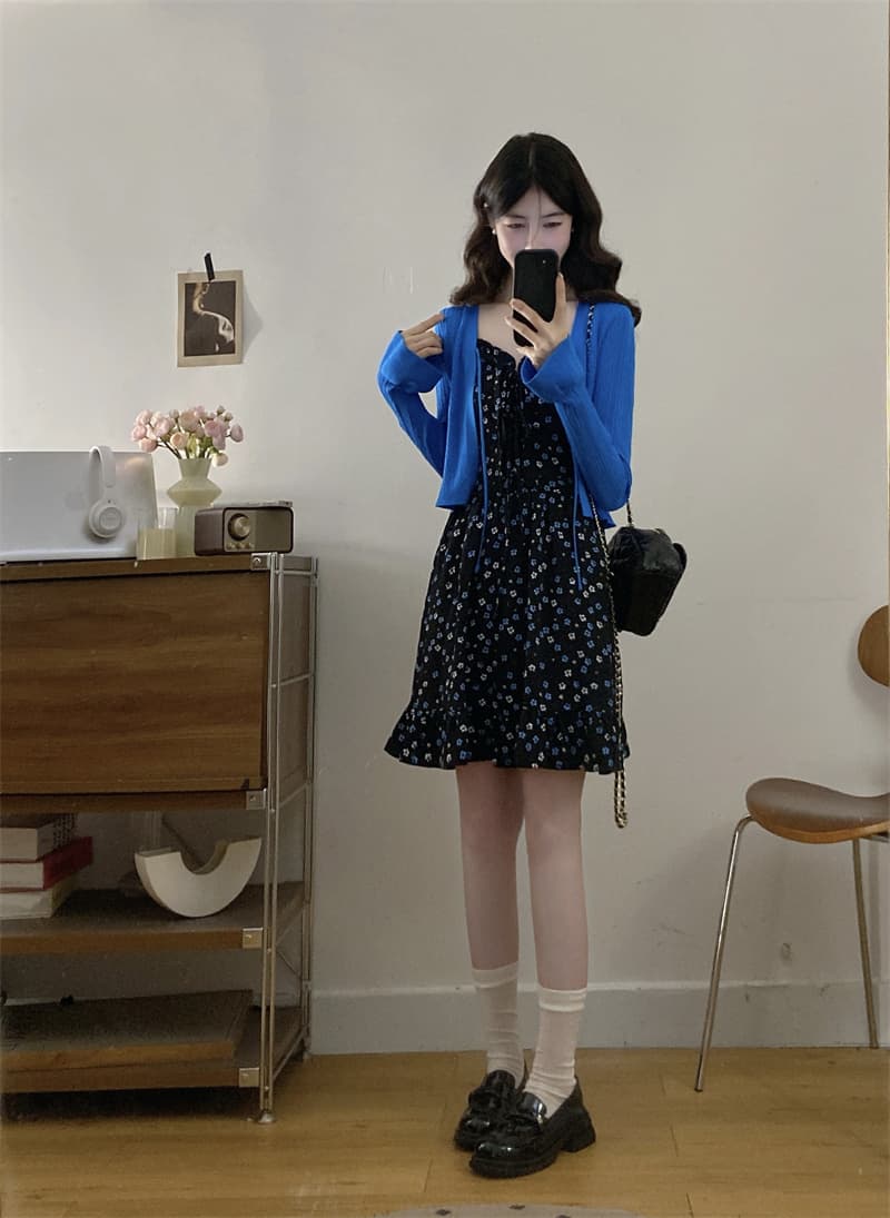 한 부서 검정색 꽃무늬 치마 여성 여름 해변가 휴가 운남 관광 슬립 드레스 한 마디 미니 스커트 상세 이미지 6