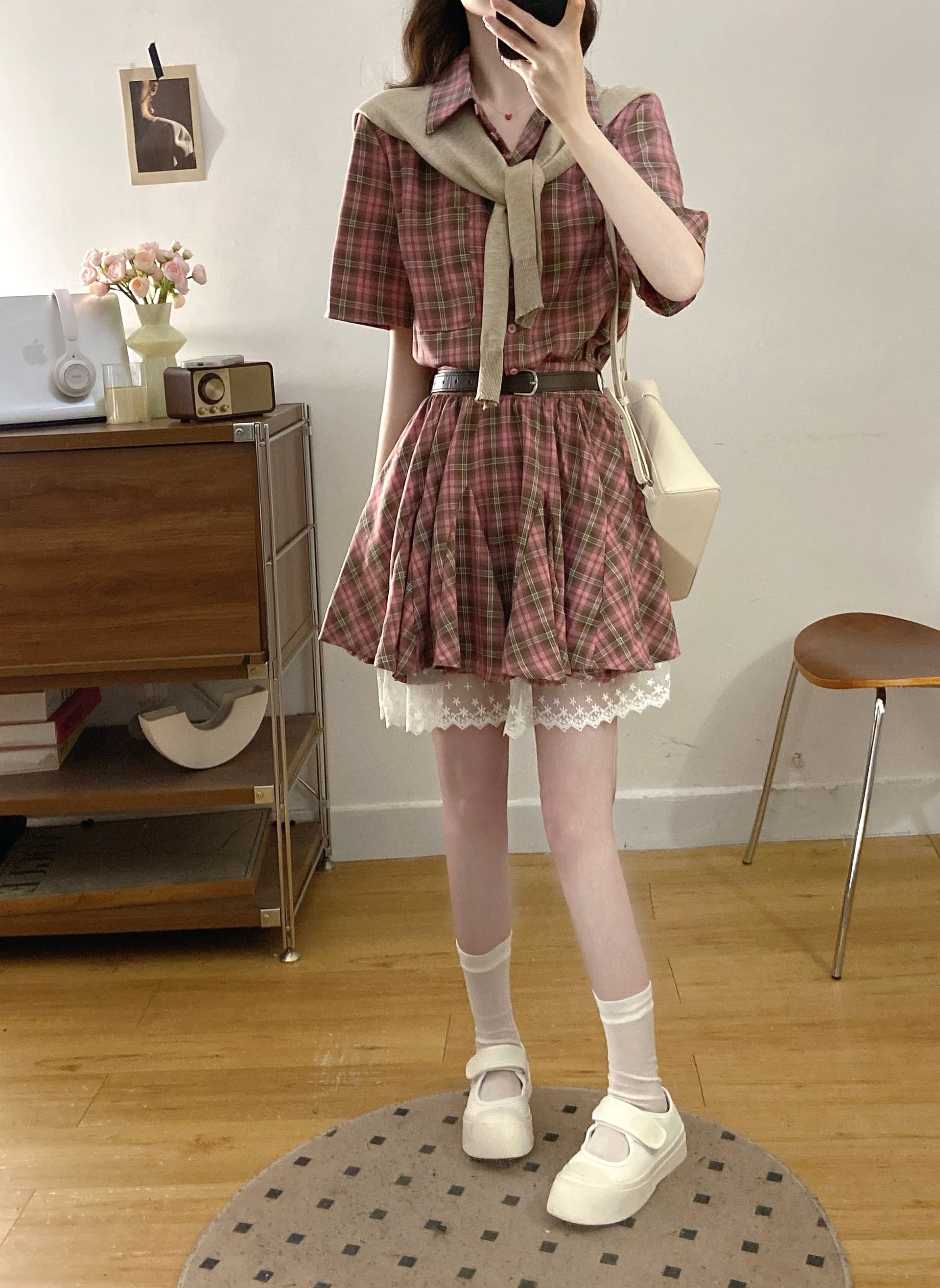 실사 새로운 프랑스식 품격 체크무늬 셔츠 드레스 아이들 여름 한 부서 학원 스타일 허리 수축 미니 스커트 상세 이미지 1