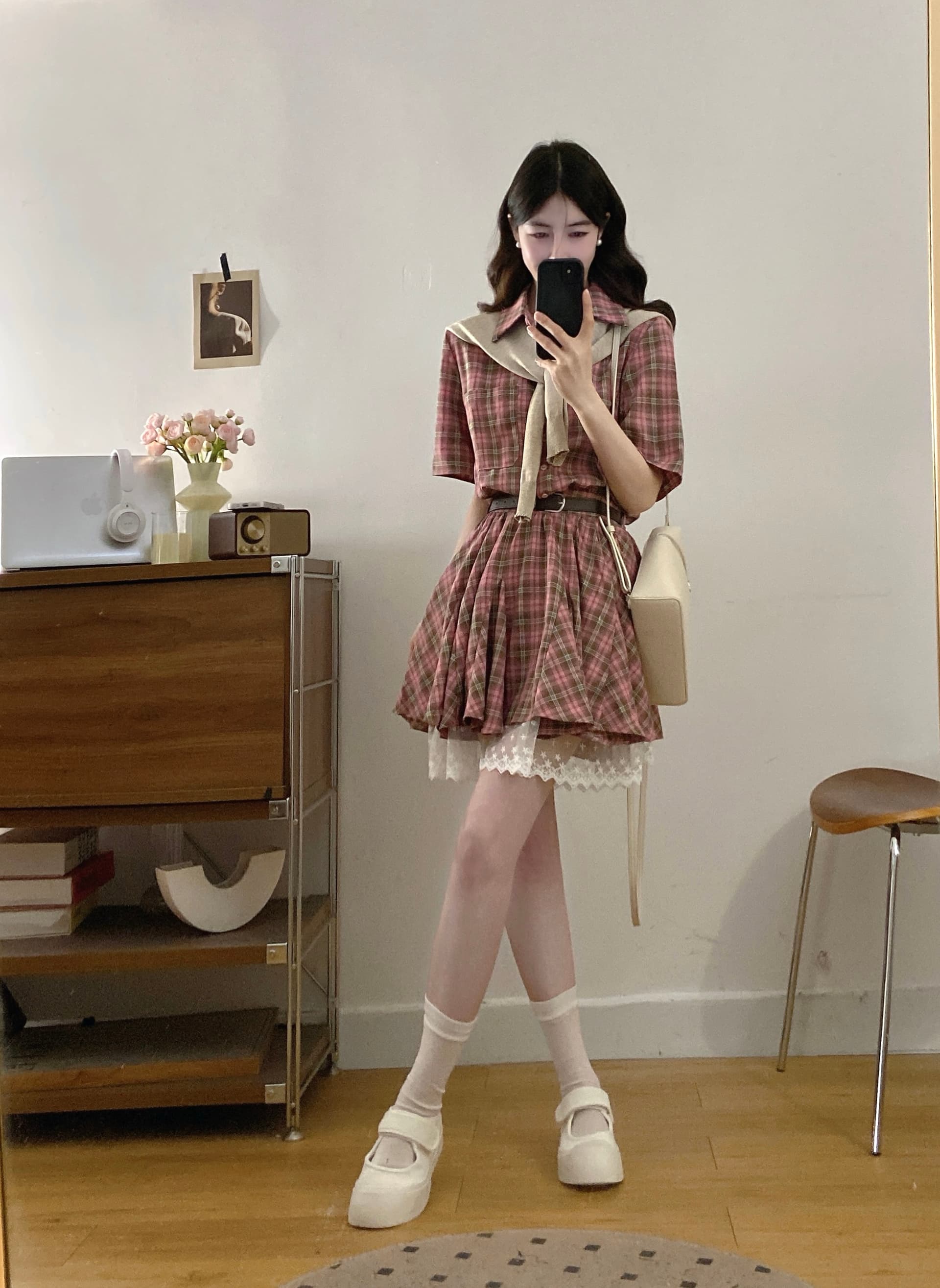 실사 새로운 프랑스식 품격 체크무늬 셔츠 드레스 아이들 여름 한 부서 학원 스타일 허리 수축 미니 스커트 상세 이미지 2