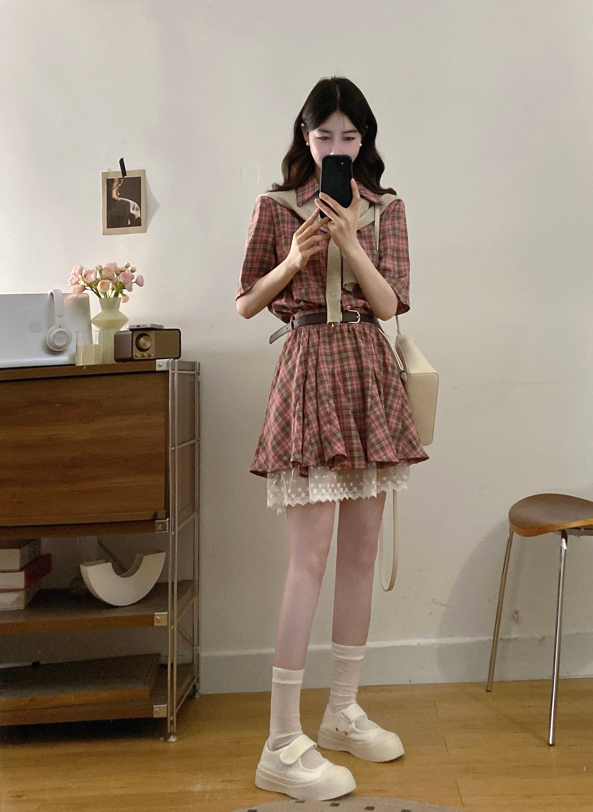 실사 새로운 프랑스식 품격 체크무늬 셔츠 드레스 아이들 여름 한 부서 학원 스타일 허리 수축 미니 스커트 상세 이미지 4