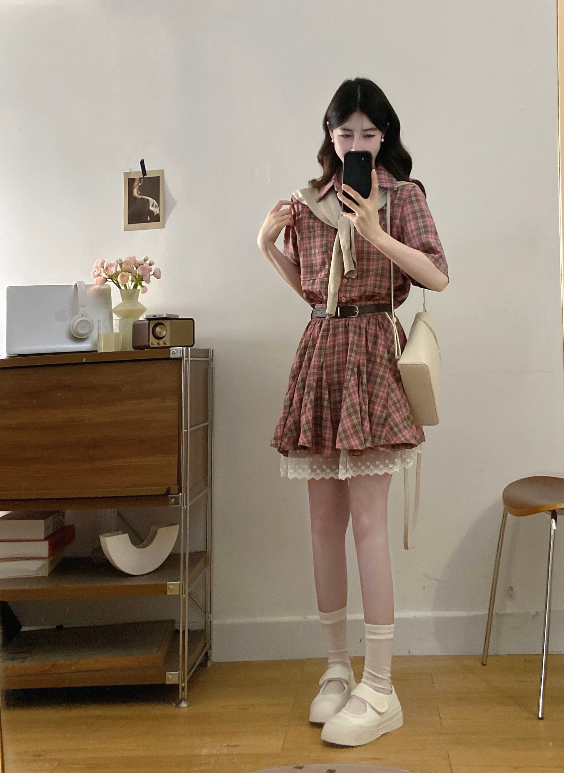 실사 새로운 프랑스식 품격 체크무늬 셔츠 드레스 아이들 여름 한 부서 학원 스타일 허리 수축 미니 스커트 상세 이미지 6