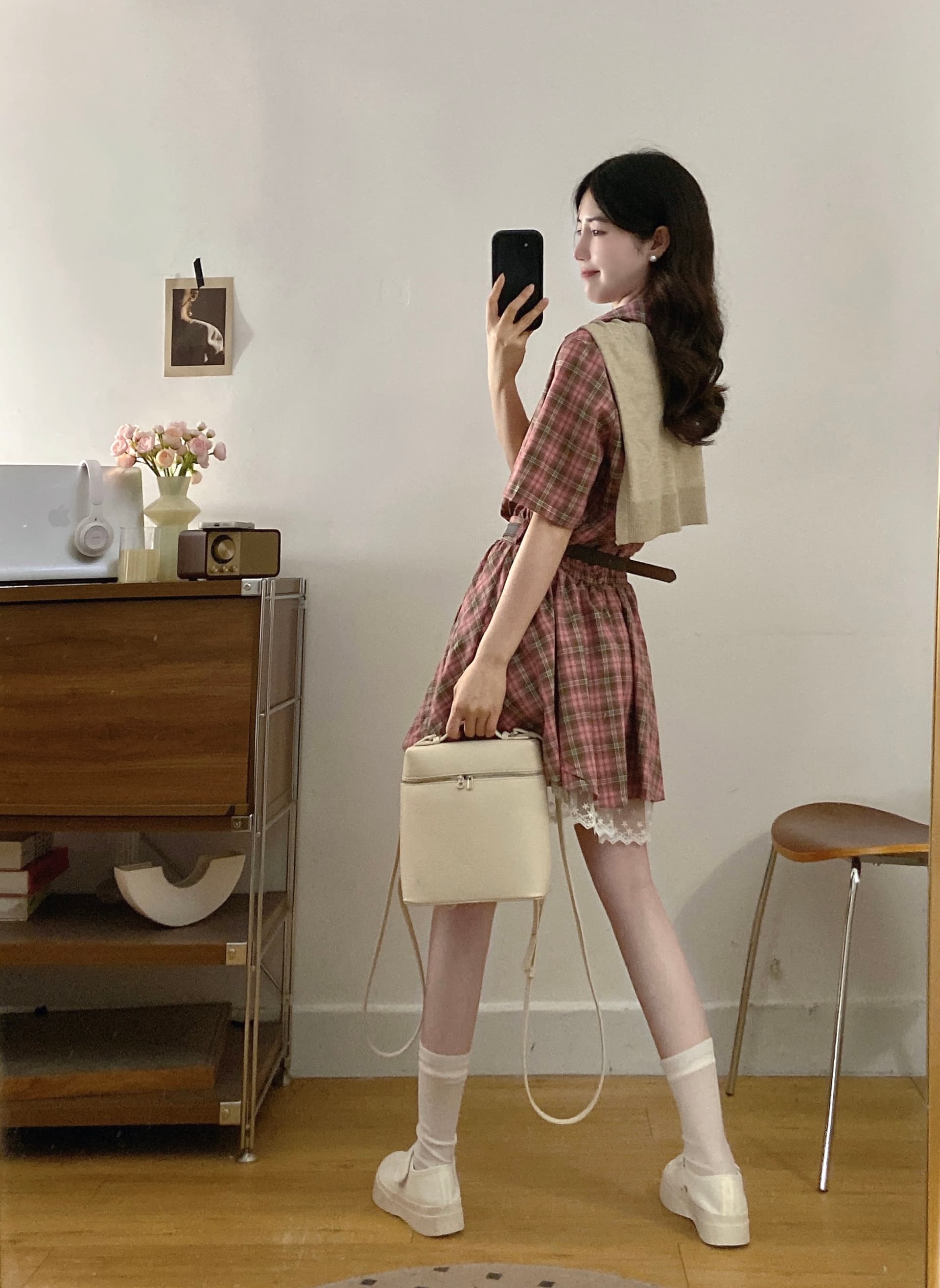 실사 새로운 프랑스식 품격 체크무늬 셔츠 드레스 아이들 여름 한 부서 학원 스타일 허리 수축 미니 스커트 상세 이미지 11