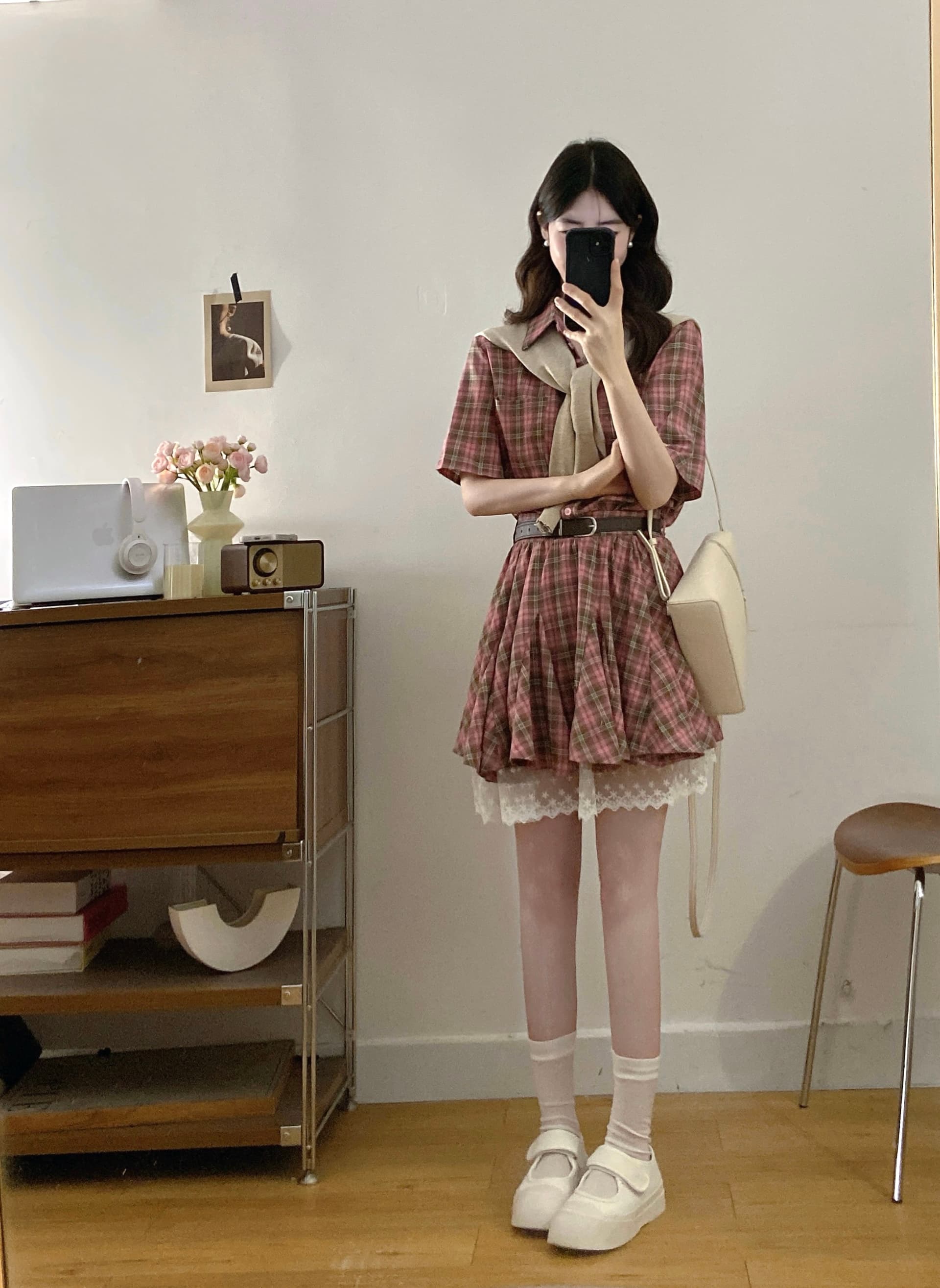실사 새로운 프랑스식 품격 체크무늬 셔츠 드레스 아이들 여름 한 부서 학원 스타일 허리 수축 미니 스커트 상세 이미지 14