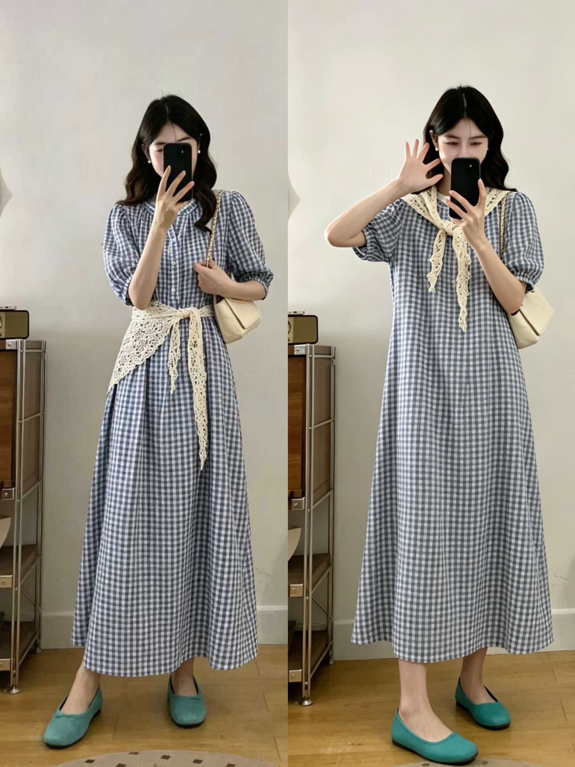 실사 순수한 하얀 달빛 파란색 체크무늬 드레스 여름 일본식 미니멀리즘 학원 스타일 작은 키 요정 치마 이미지 2