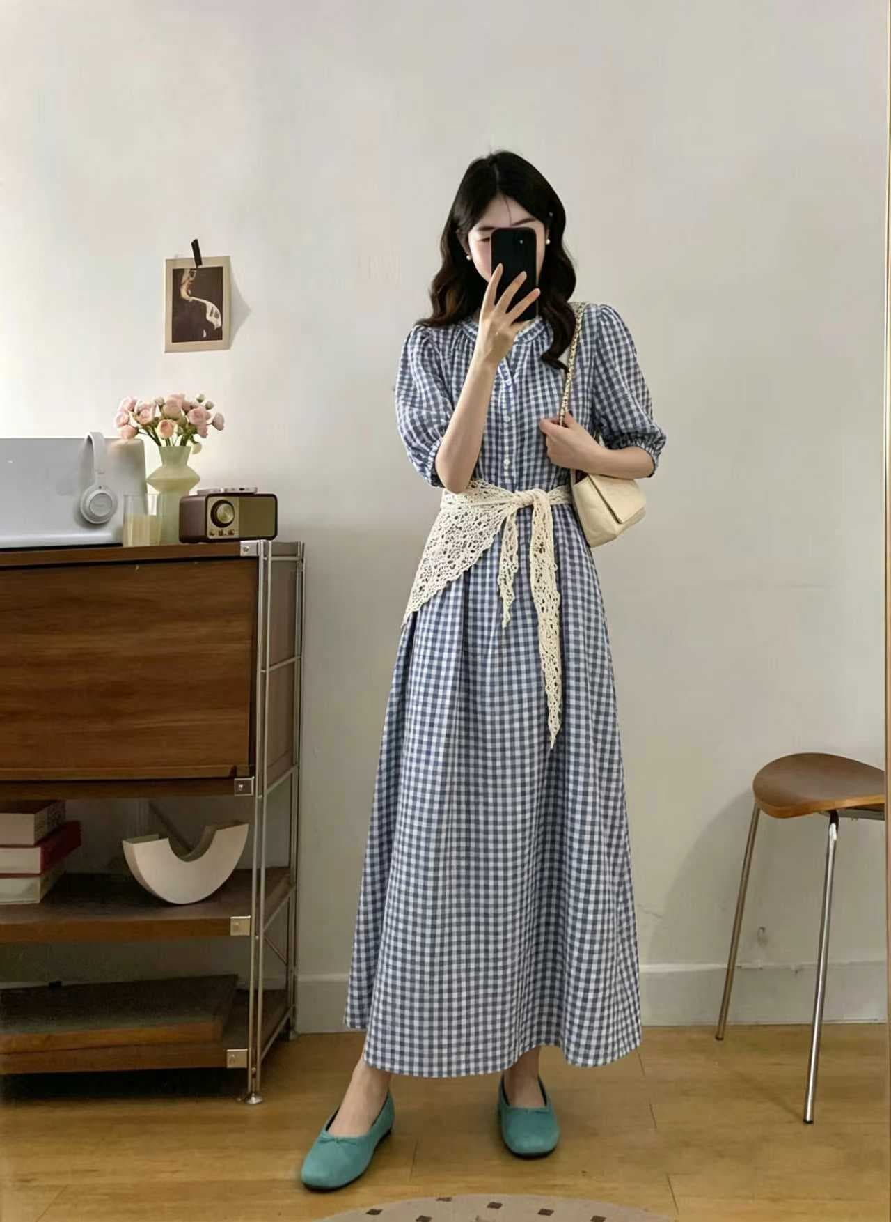 실사 순수한 하얀 달빛 파란색 체크무늬 드레스 여름 일본식 미니멀리즘 학원 스타일 작은 키 요정 치마 이미지 5