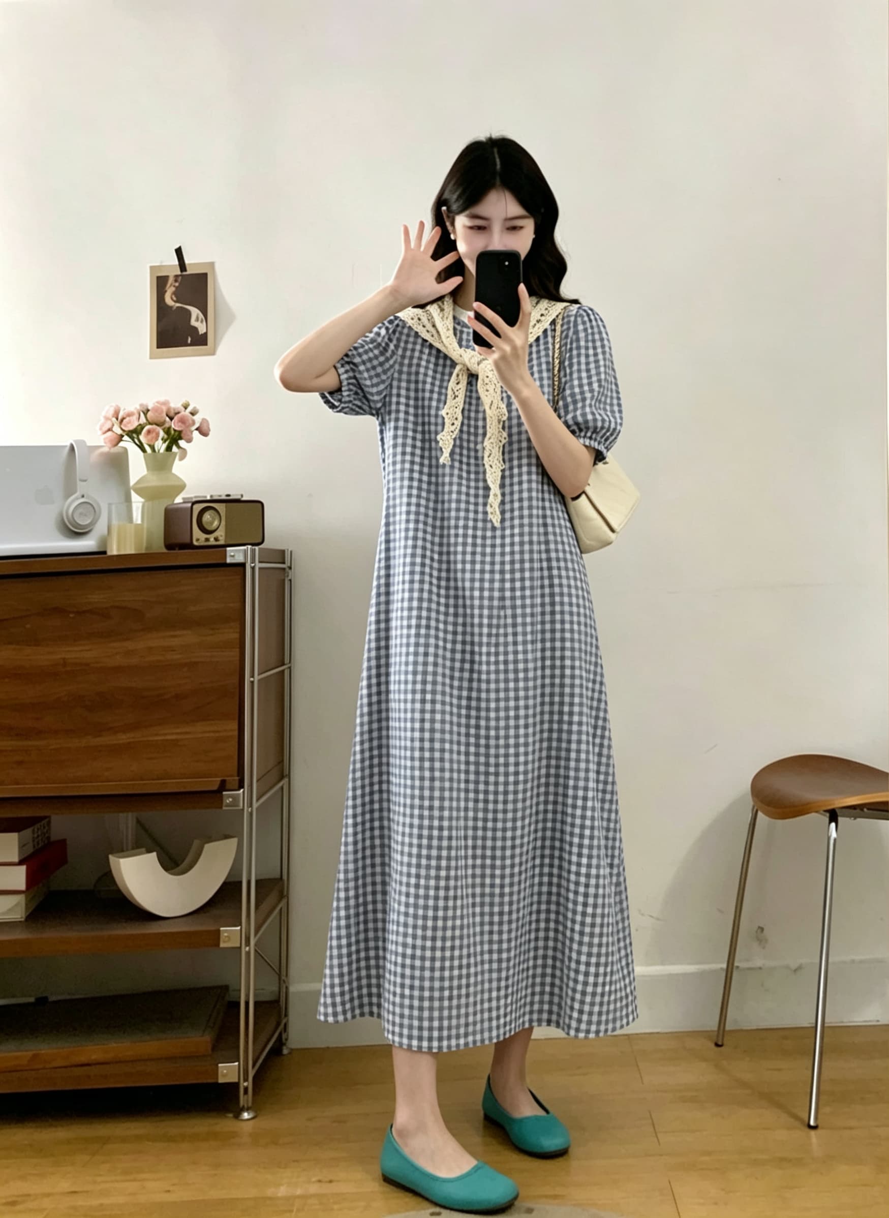 실사 순수한 하얀 달빛 파란색 체크무늬 드레스 여름 일본식 미니멀리즘 학원 스타일 작은 키 요정 치마 상세 이미지 1