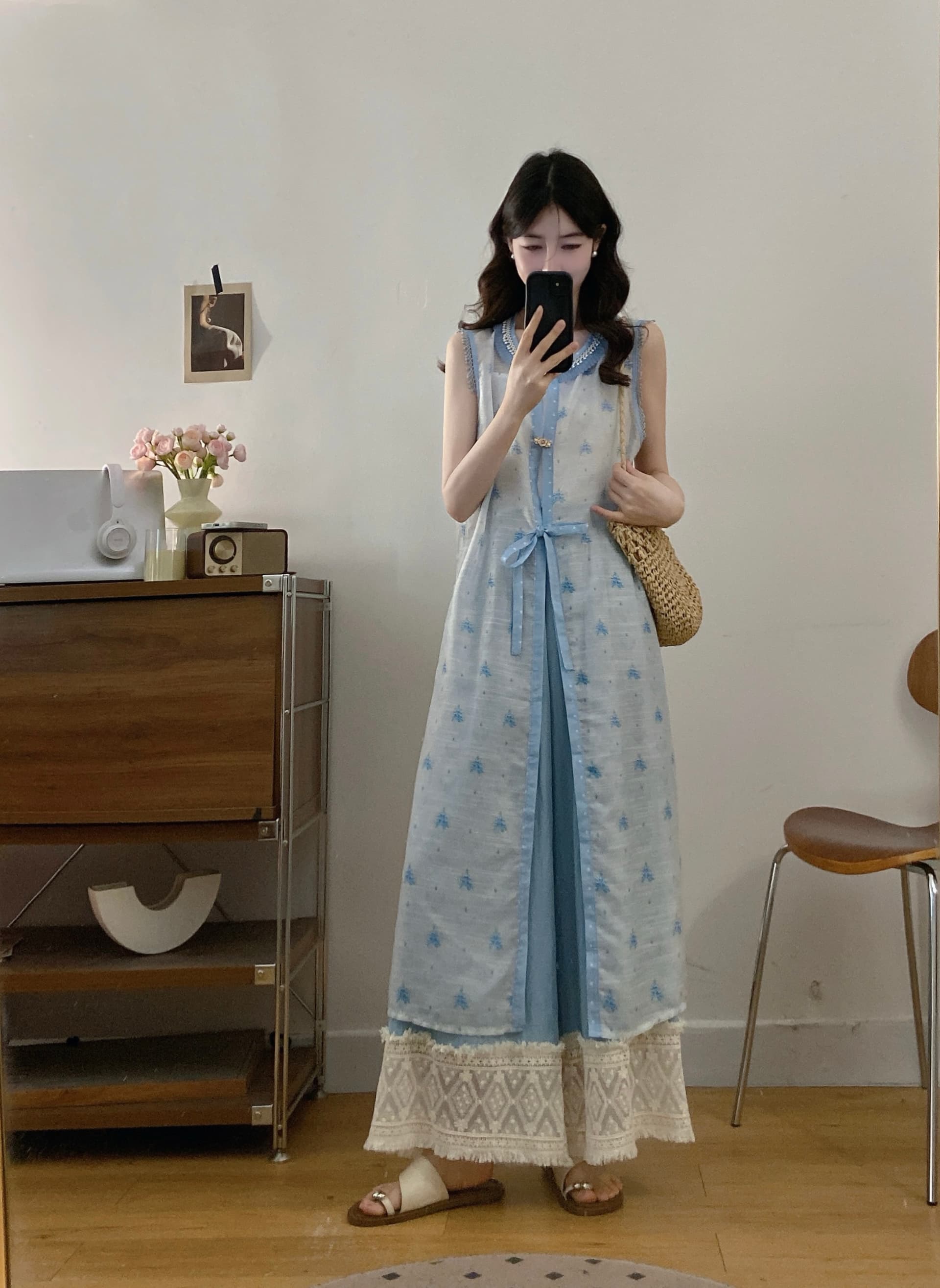 실사 새로운 중식 국풍 민소매 세트 여성 여름 2026 새로운 베스트 스택 착용 와이드 레그 팬츠 투피스 세트 이미지 2