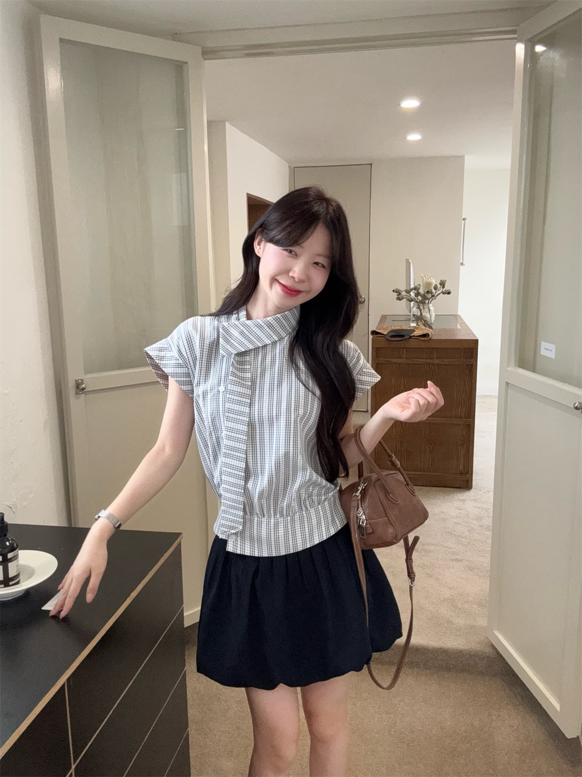 실사 한 부서 학원 스타일 여름 착용 가져 가라. 여름 아름다운 스트라이프 셔츠 반신 치마 투피스 세트 상세 이미지 7
