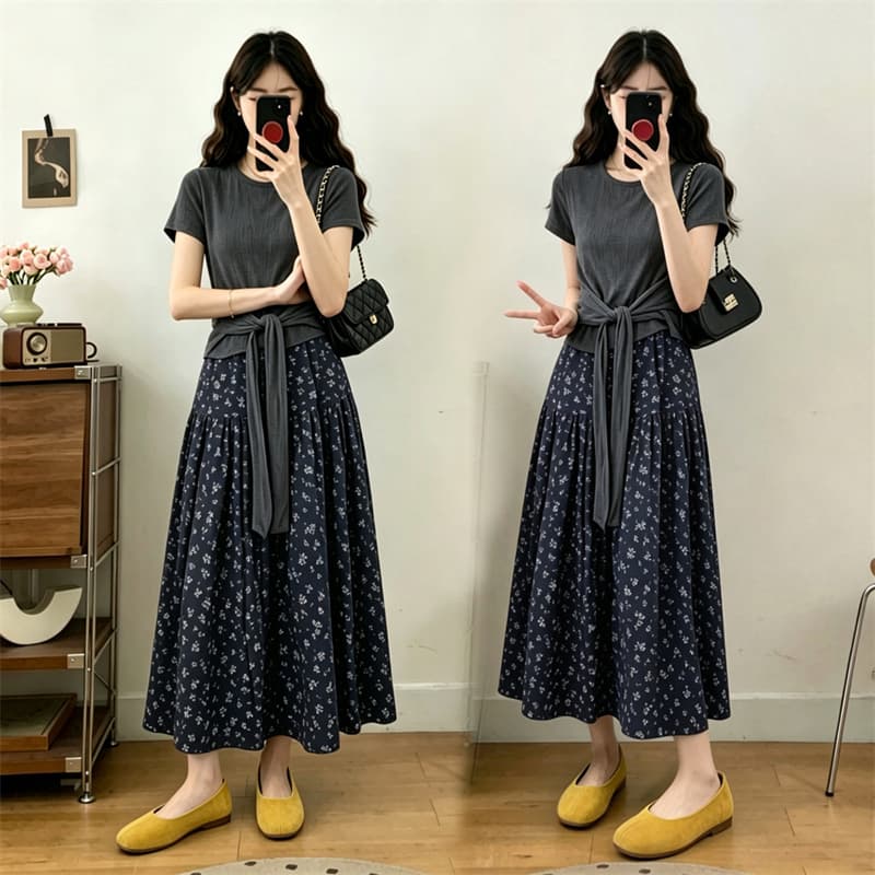 한 부서 자이언트 잘 생긴 ootd 착용 가져 가라. 전체 집합 2026 새로운 꽃무늬 치마 여성 여름 롱 스커트 투피스 슈트