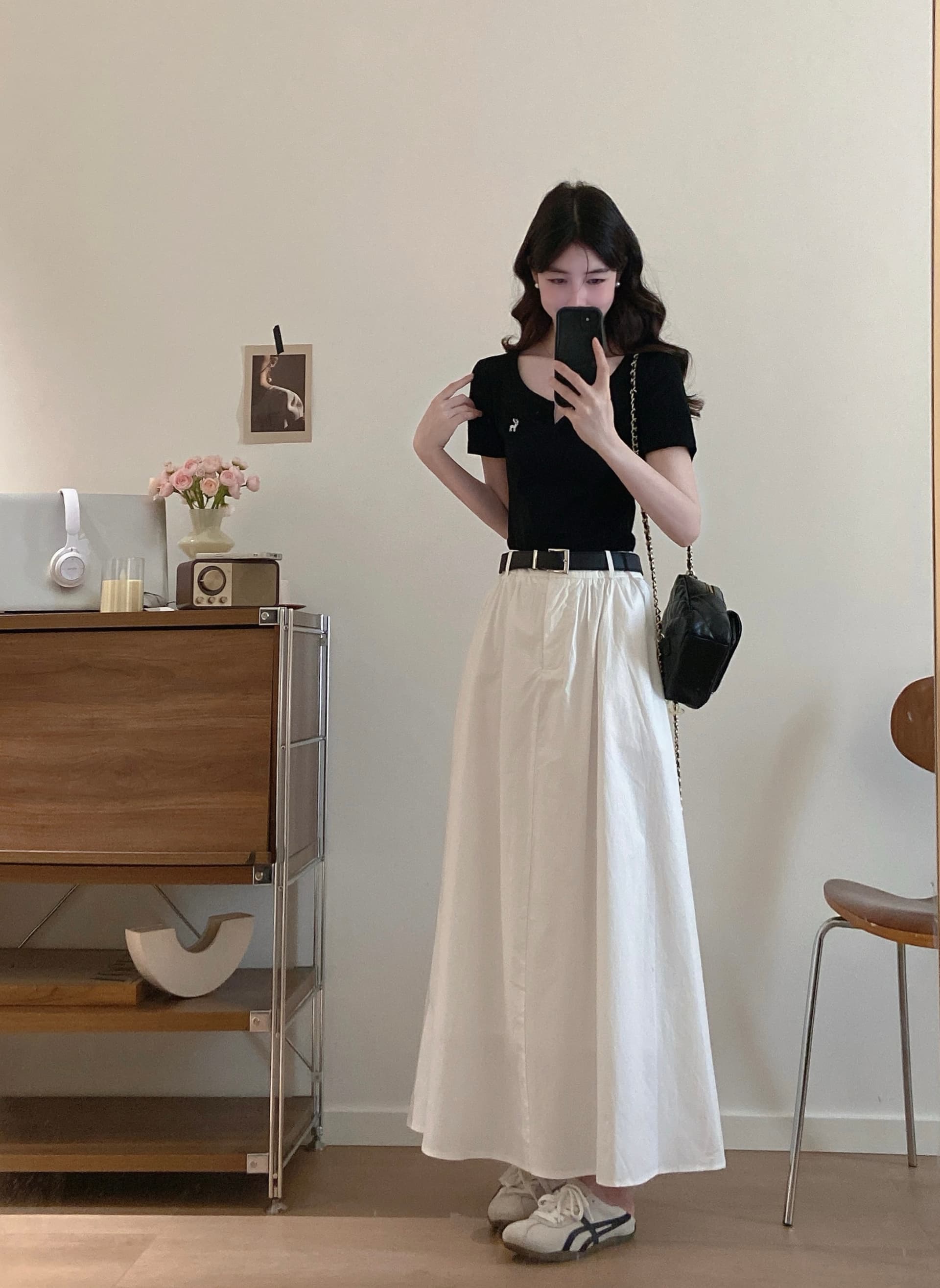 실사 새로운 여름 빅 사이즈 여성 의류 한 부서 출퇴근 바람 슬림해 보이는 티셔츠 가져 가라. 하이웨이스트 반 스커트 세트 상세 이미지 6