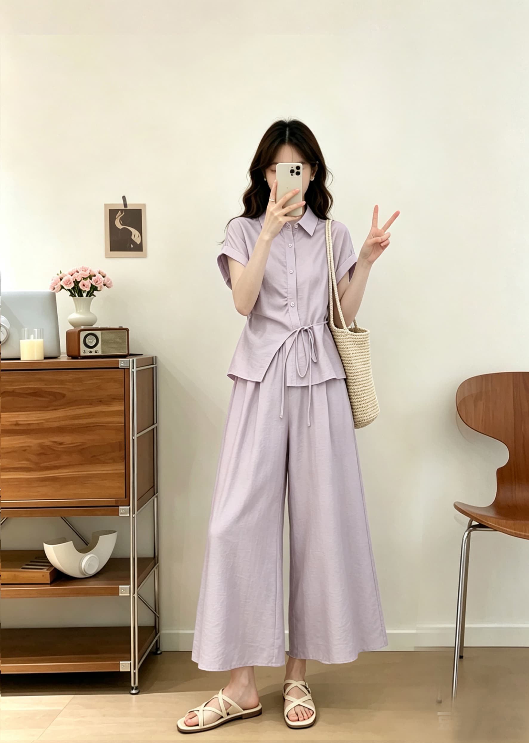 실사 코치 착용 가져 가라. 보라색 세트 여름 여성 의류 얇고 가벼운 아마 셔츠 8 점 치마바지 투피스 세트 상세 이미지 1