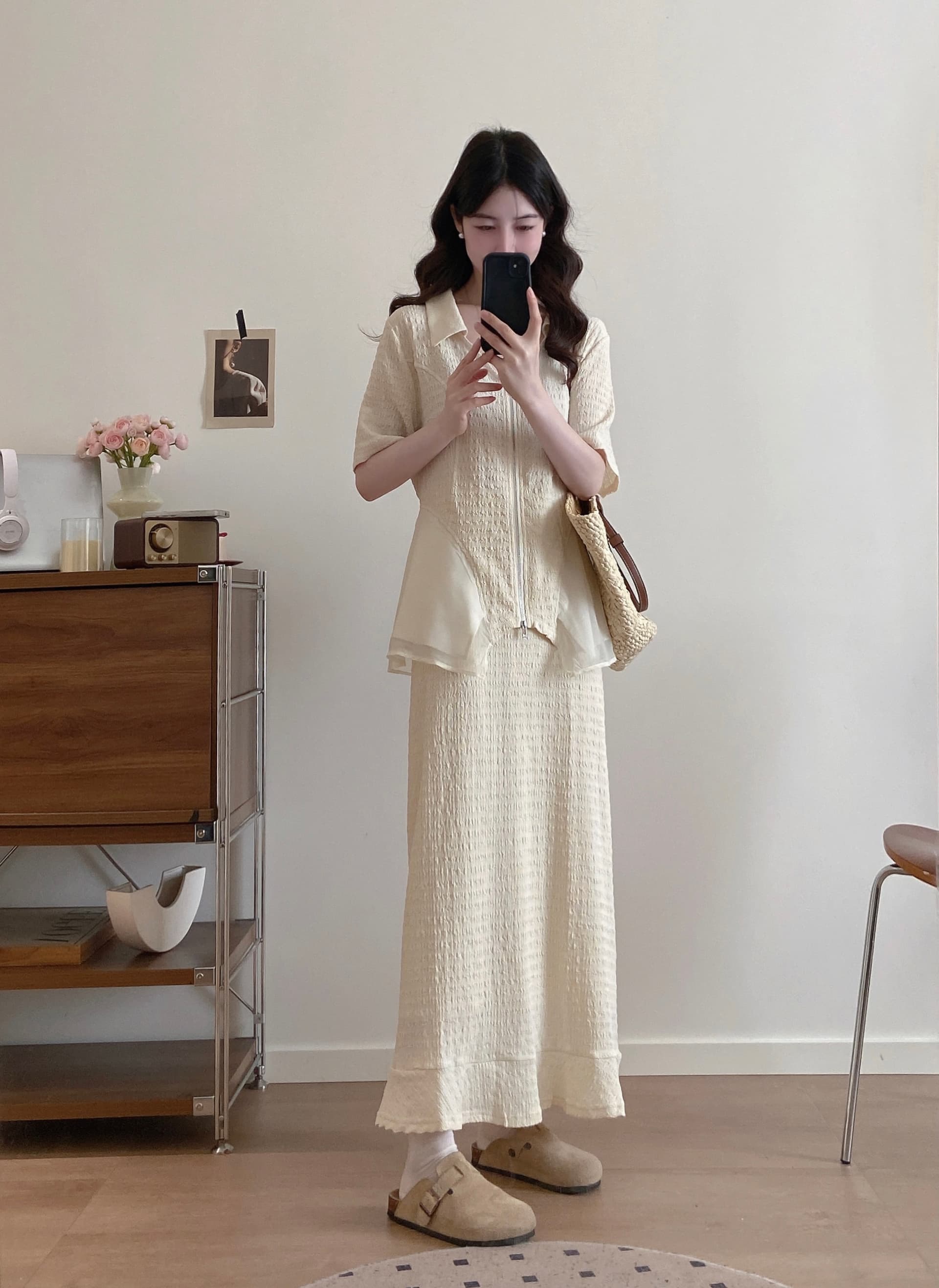 실사 빅 사이즈 여성 의류 마이크로 지방 mm 슬림해 보이는 망사 반팔 맨위 여름 루즈핏 반 스커트 패션 세트 상세 이미지 2