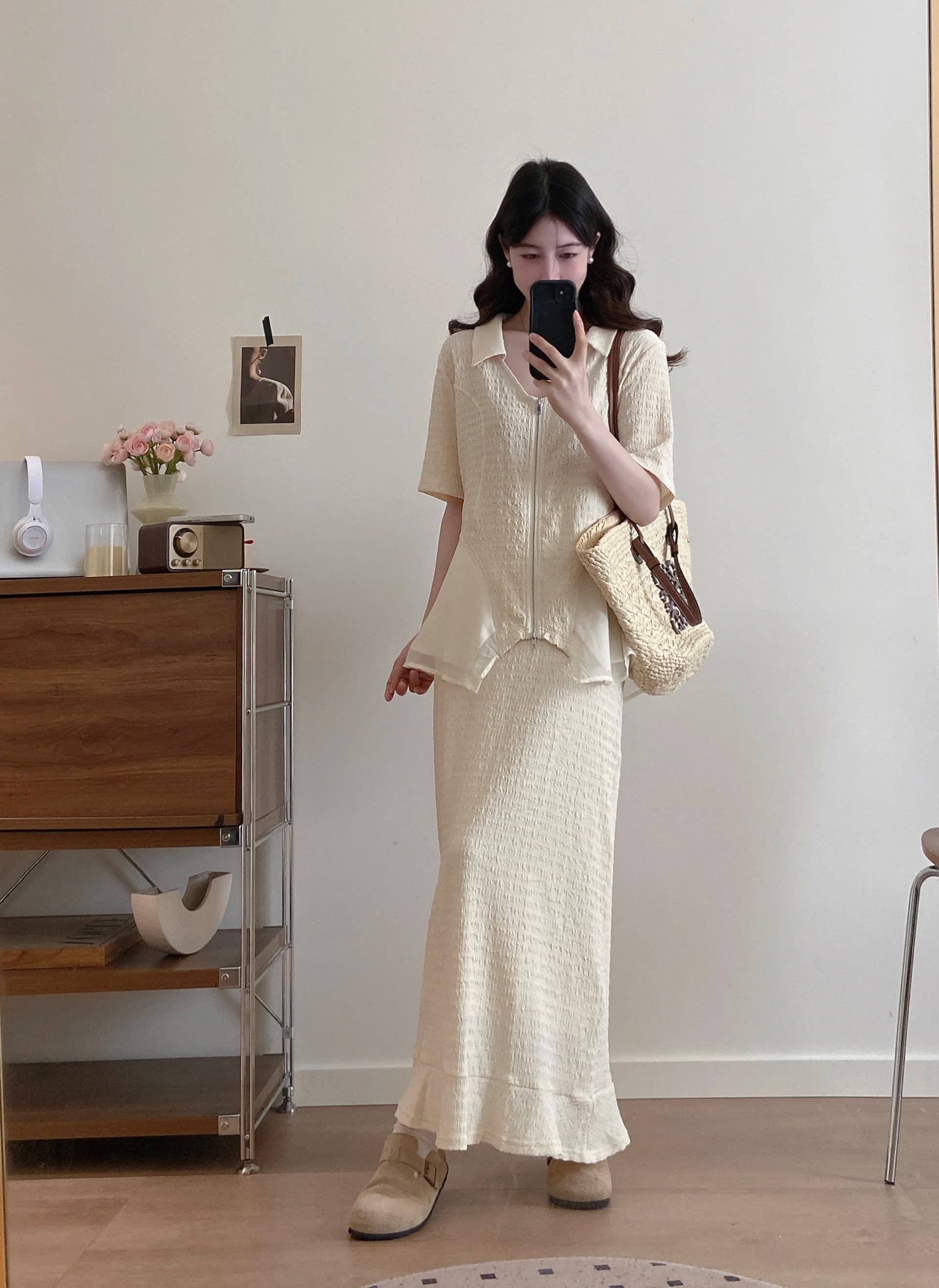 실사 빅 사이즈 여성 의류 마이크로 지방 mm 슬림해 보이는 망사 반팔 맨위 여름 루즈핏 반 스커트 패션 세트 상세 이미지 11