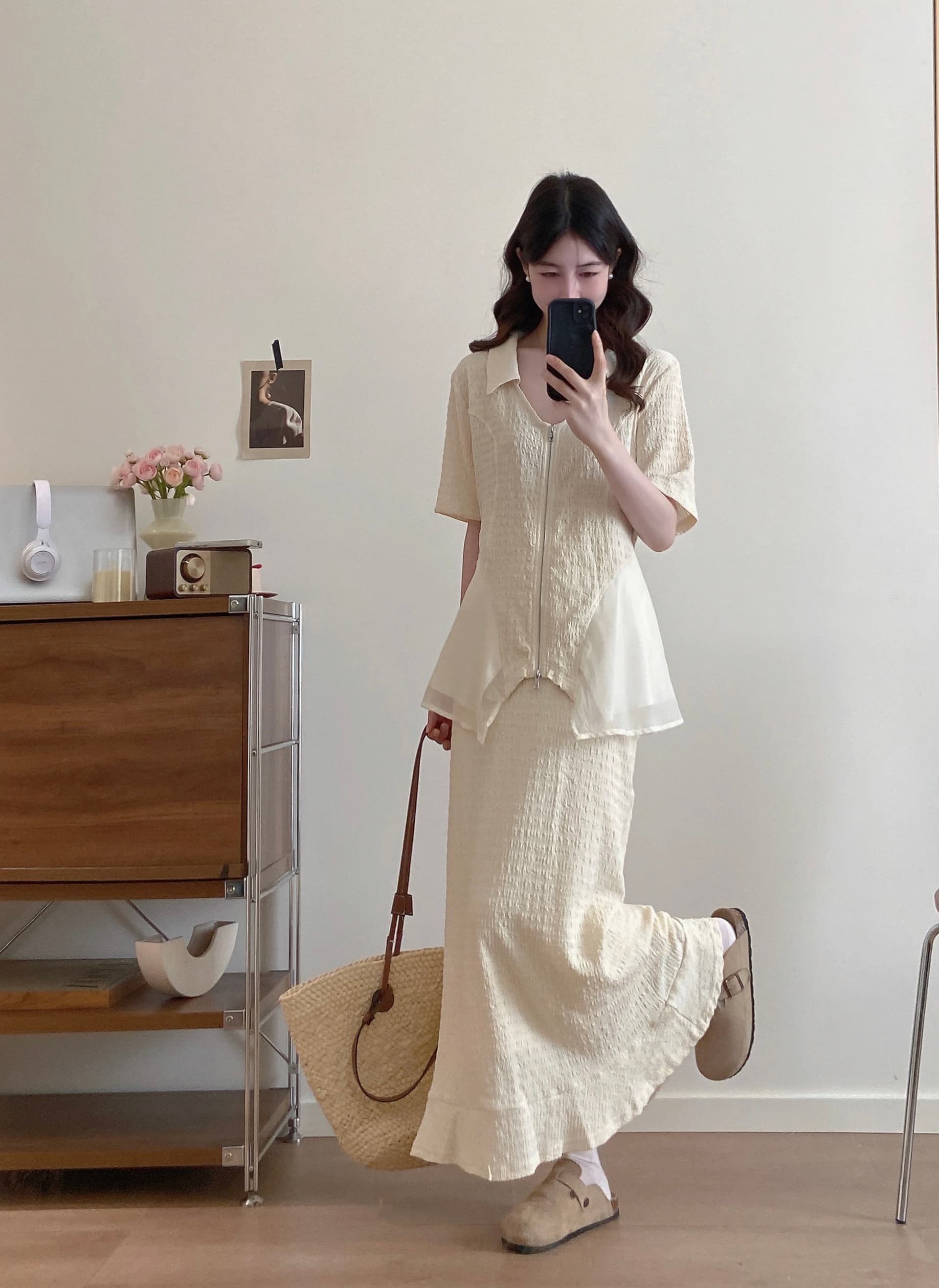 실사 빅 사이즈 여성 의류 마이크로 지방 mm 슬림해 보이는 망사 반팔 맨위 여름 루즈핏 반 스커트 패션 세트 상세 이미지 12