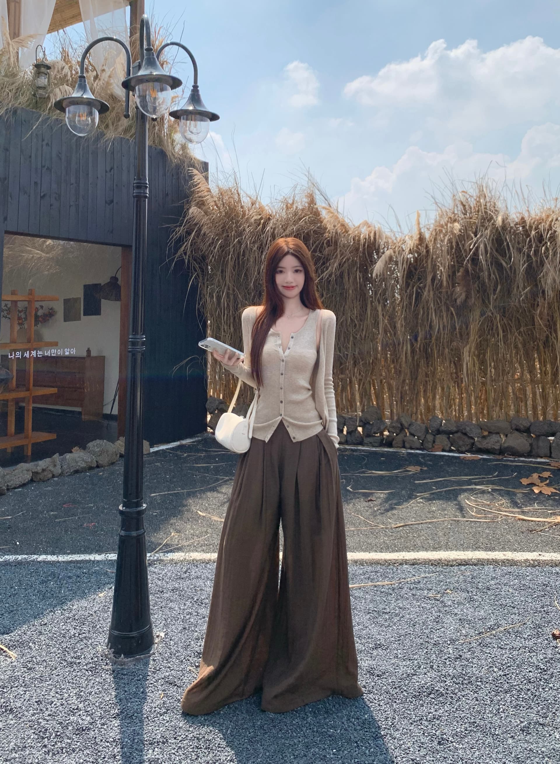 실사 정가 계층의 감각 느긋한 봄 V넥 오픈 가디건 조끼 세트 질감 센스 荡荡 펄럭 이는 캐주얼 바지