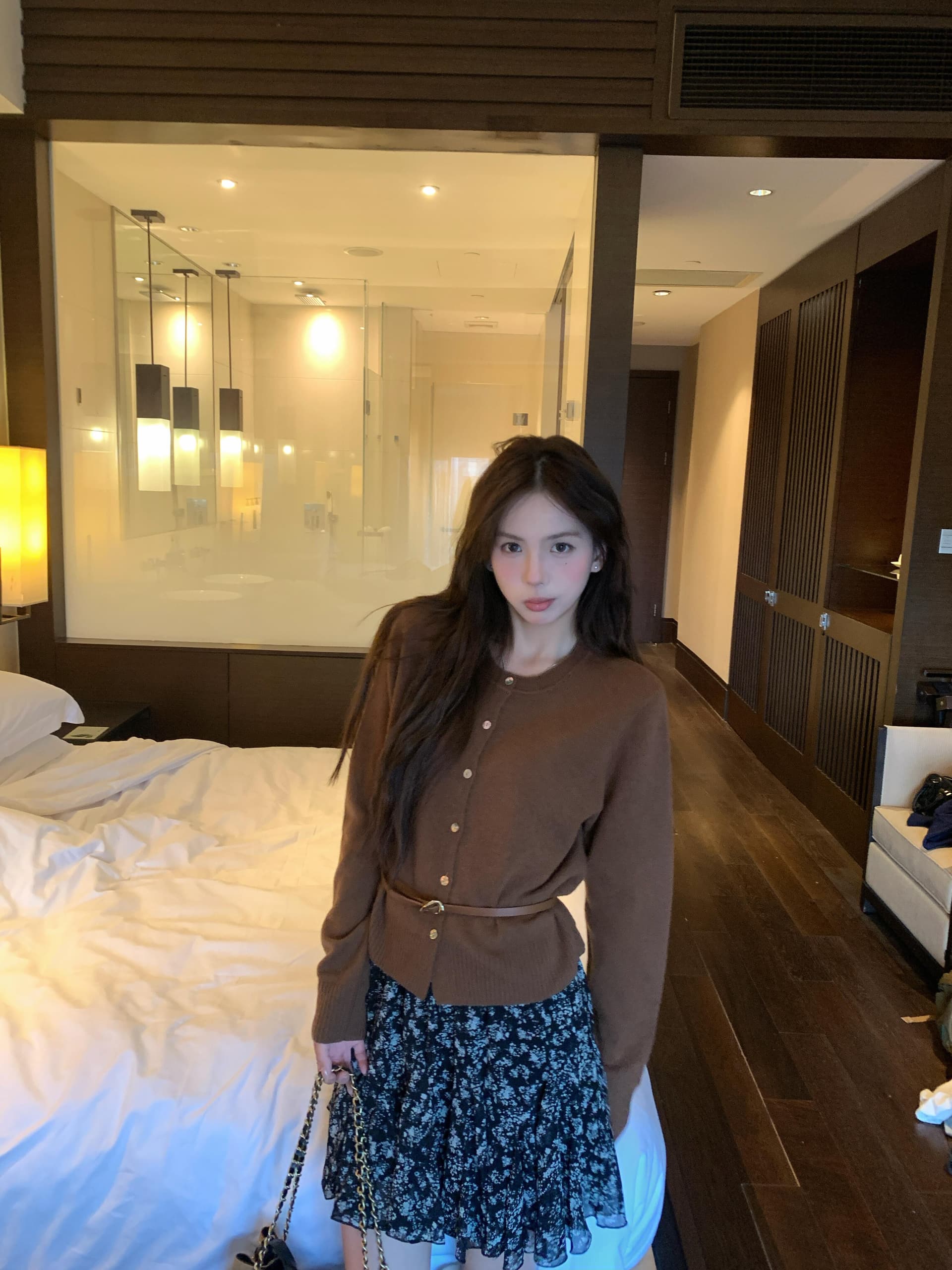 실사 정가 봄 부드러운 찹쌀 단색 라운드 넥 쇼트 스타일 니트 오픈 가디건 한 부서 달콤함 꽃무늬 반신 치마 세트 상세 이미지 21