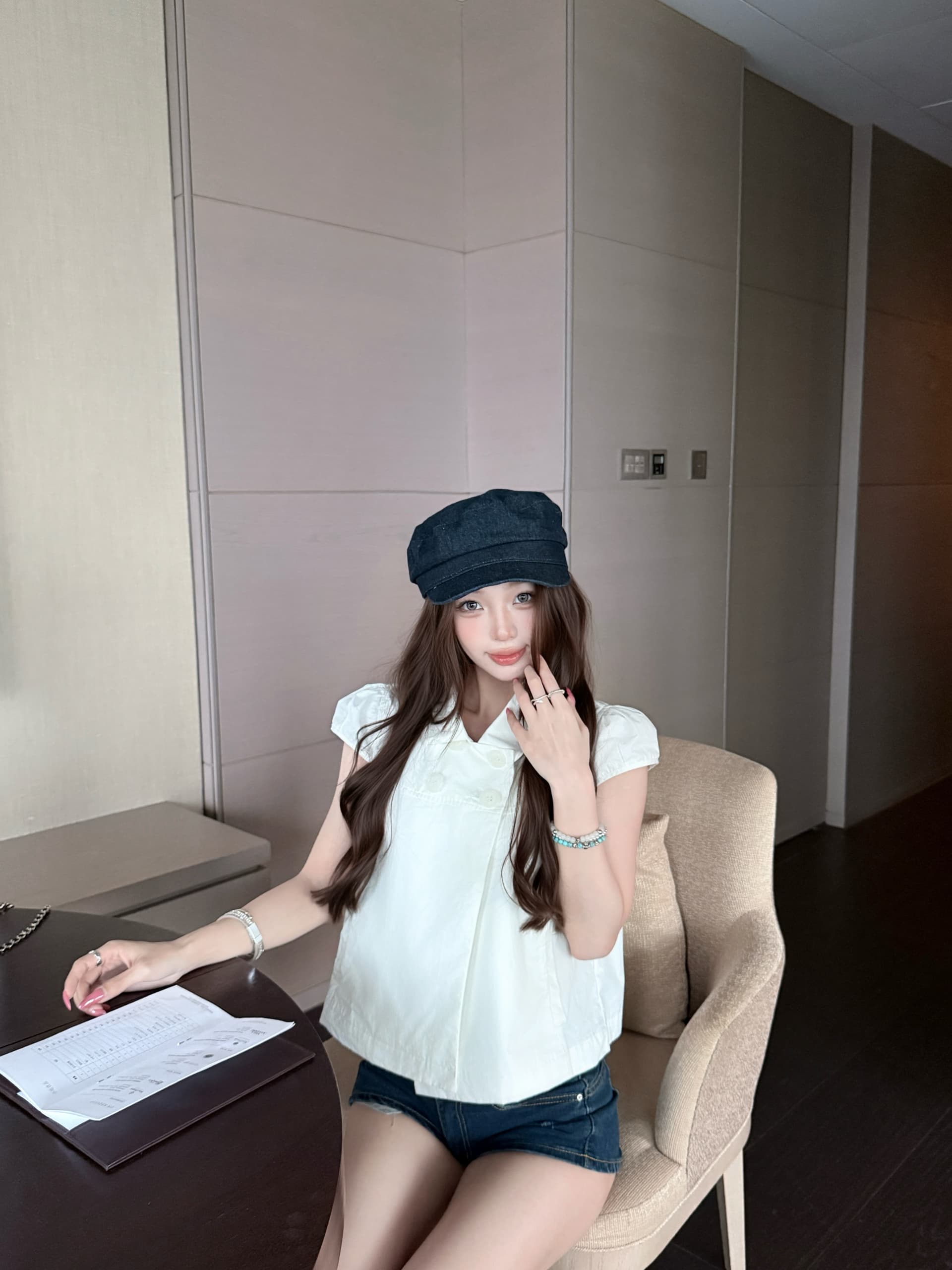 실사 정가 레트로 이중 버튼 긍정적 인 어깨 베이비 칼라 작은 셔츠 디자인 센스 캐주얼 셔츠 반팔 상세 이미지 12