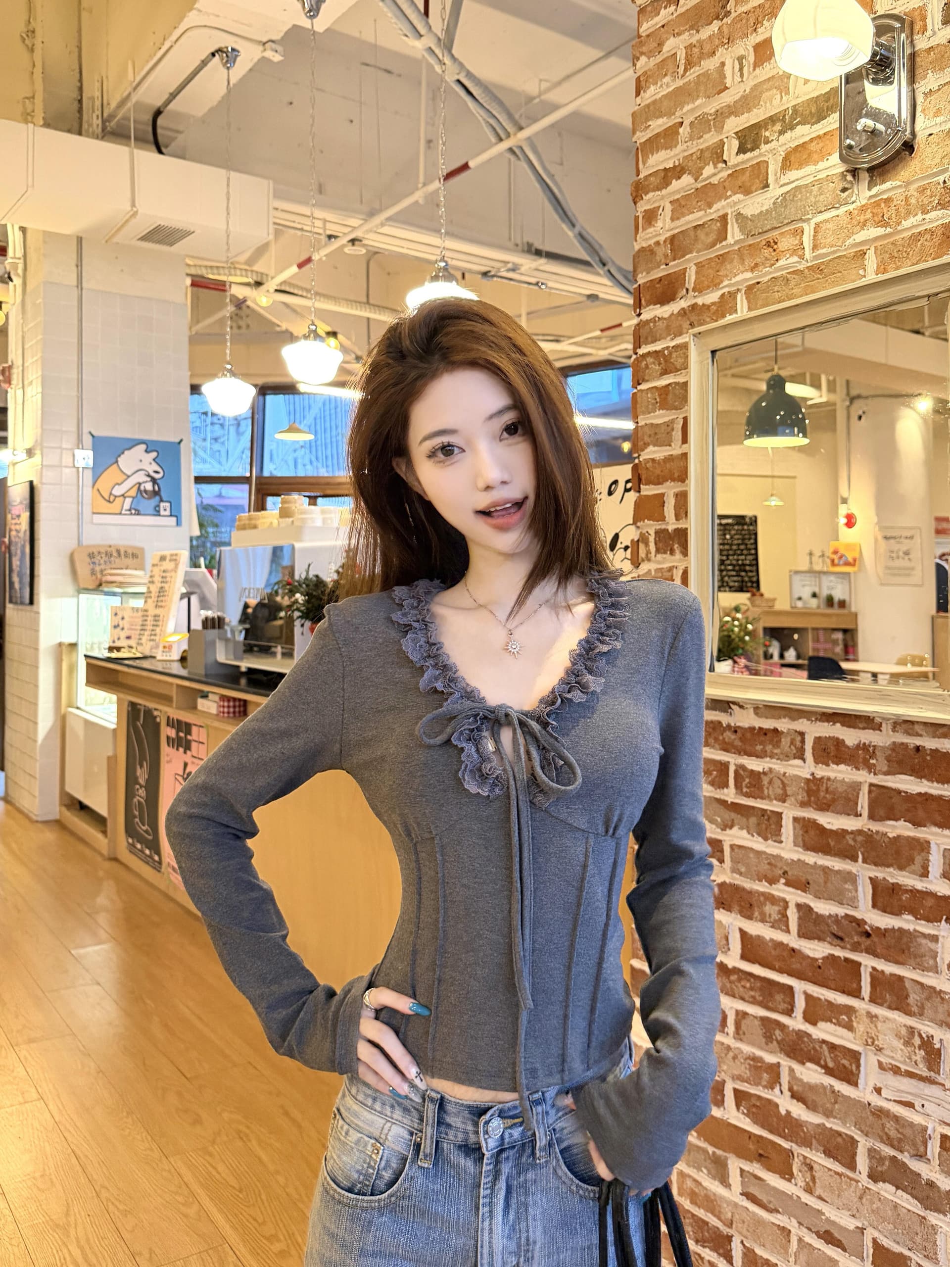 실사 정가 레이스 레이스 다양성 레이스업 긴팔 가을 새로운 만나는 이미지 2