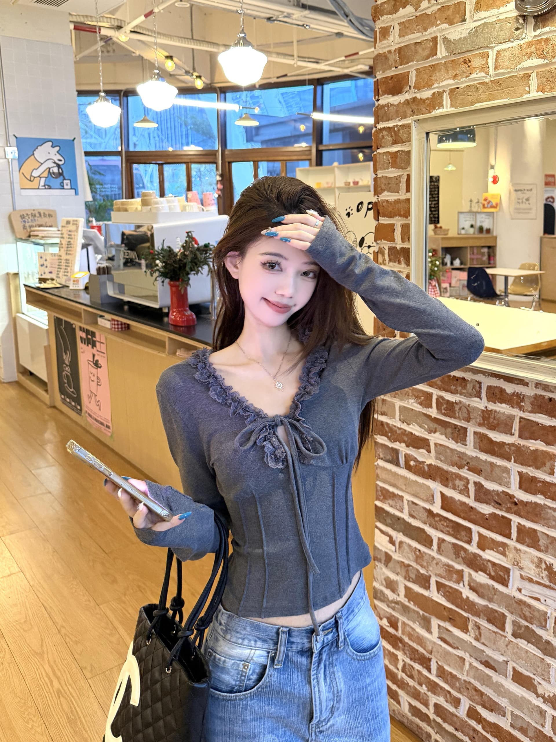 실사 정가 레이스 레이스 다양성 레이스업 긴팔 가을 새로운 만나는 상세 이미지 8