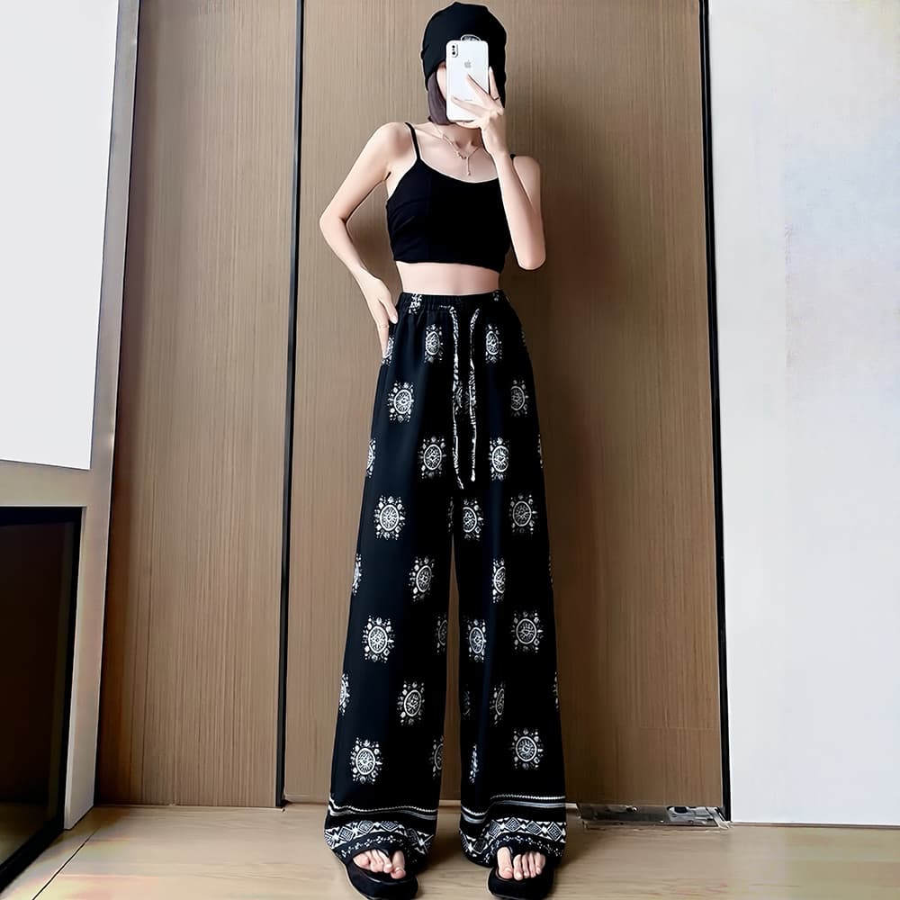 일본과 한국 트렌드 와이드 레그 팬츠 보헤미안 면 실크 루즈핏 캐주얼 바지 여성 자외선 차단 슬림해 보이는 프린트 롱 바지 이미지 2