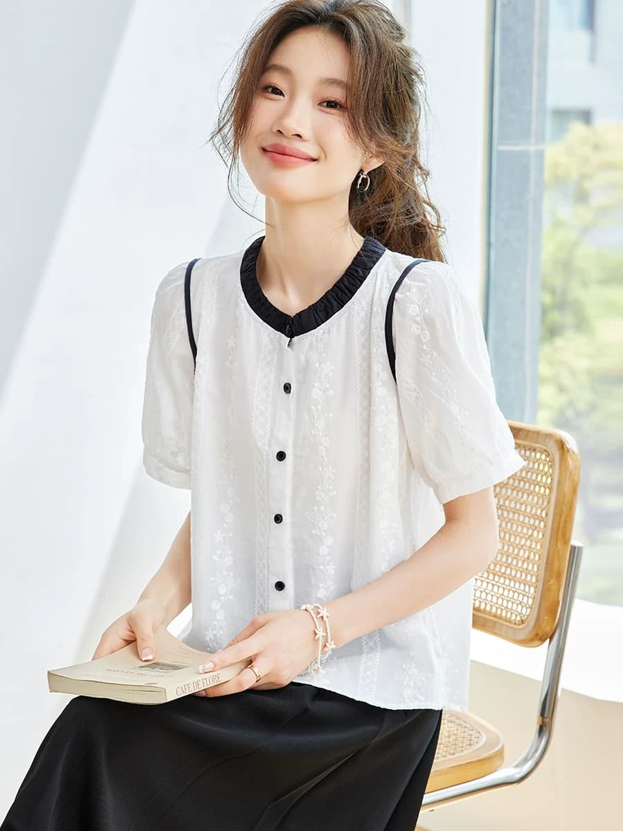 여름 디자인 센스 자수 작은 대중 티셔츠 여성 패치워크 색상 캐주얼 반팔 셔츠 연령 감소 라운드 넥 100 순면 맨위