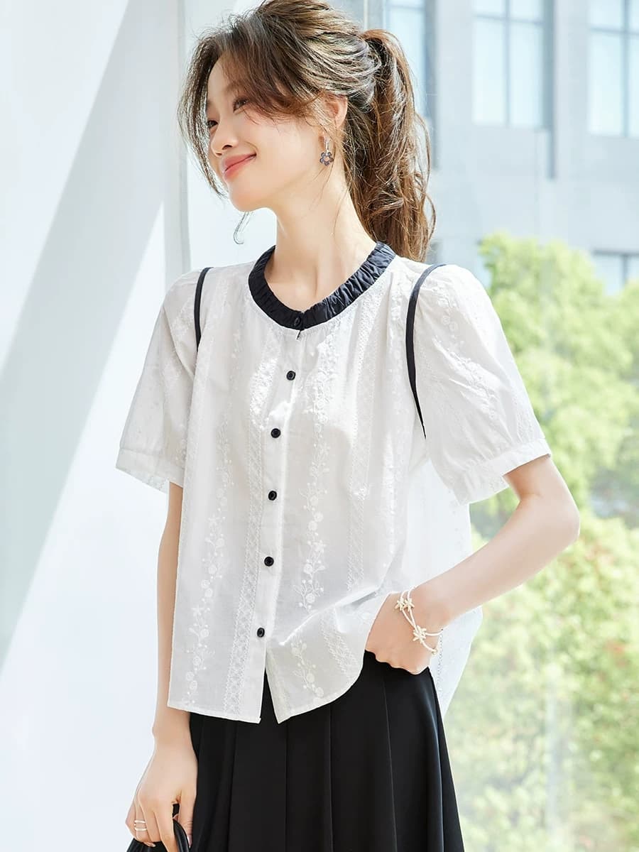 여름 디자인 센스 자수 작은 대중 티셔츠 여성 패치워크 색상 캐주얼 반팔 셔츠 연령 감소 라운드 넥 100 순면 맨위 이미지 2