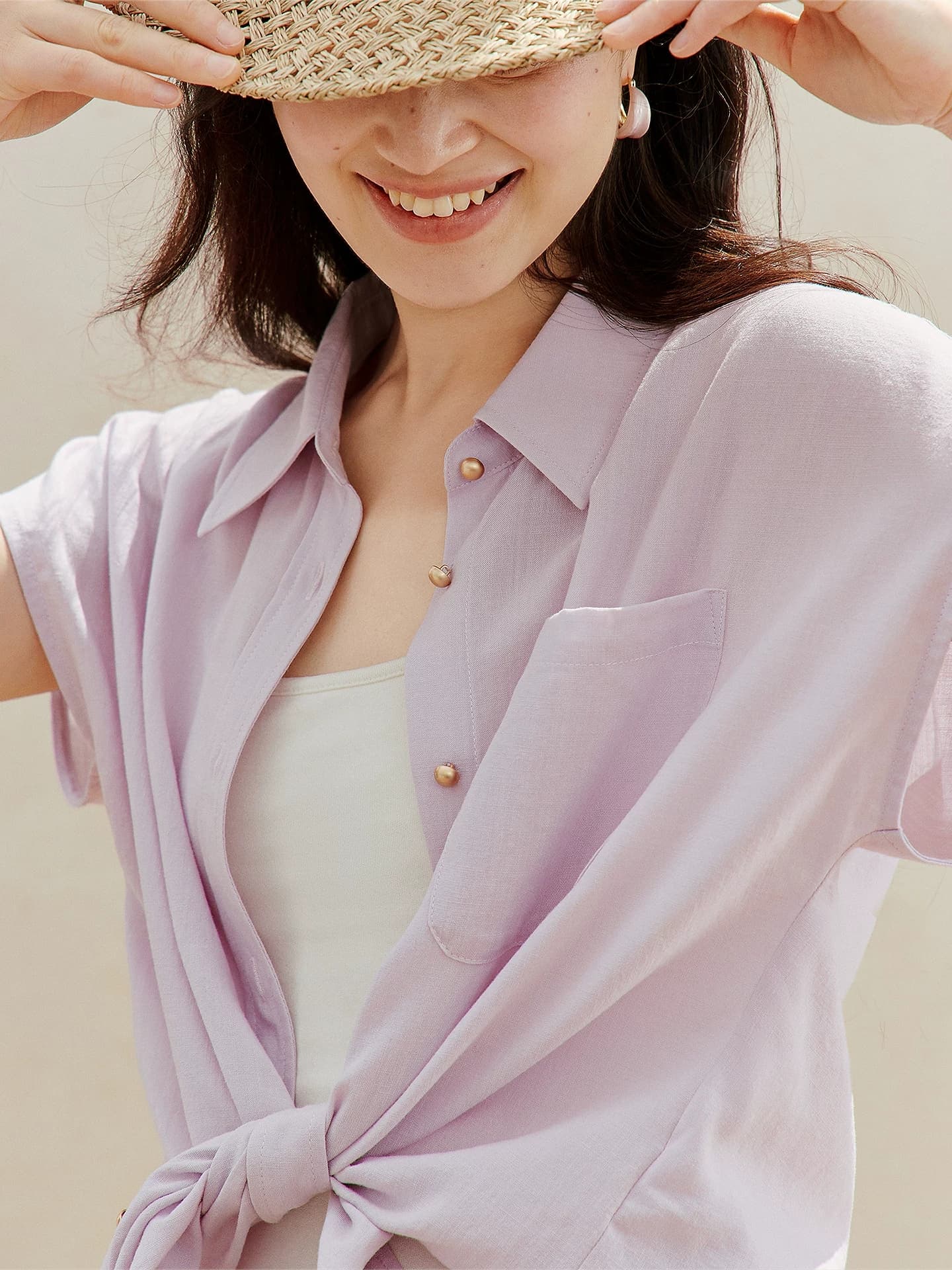 라이 경기 서울 미니멀리즘 폴로 칼라 심지어 어깨 소매 셔츠 2026 여름 여성 의류 새로운 통기성 캐주얼 맨위 이미지 2