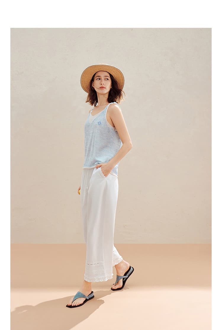 신장 면 홀로우 아웃 자수 화이트 넓은 다리 캐주얼 바지 2026 여름 새로운 밴딩 레이스 바지 상세 이미지 3