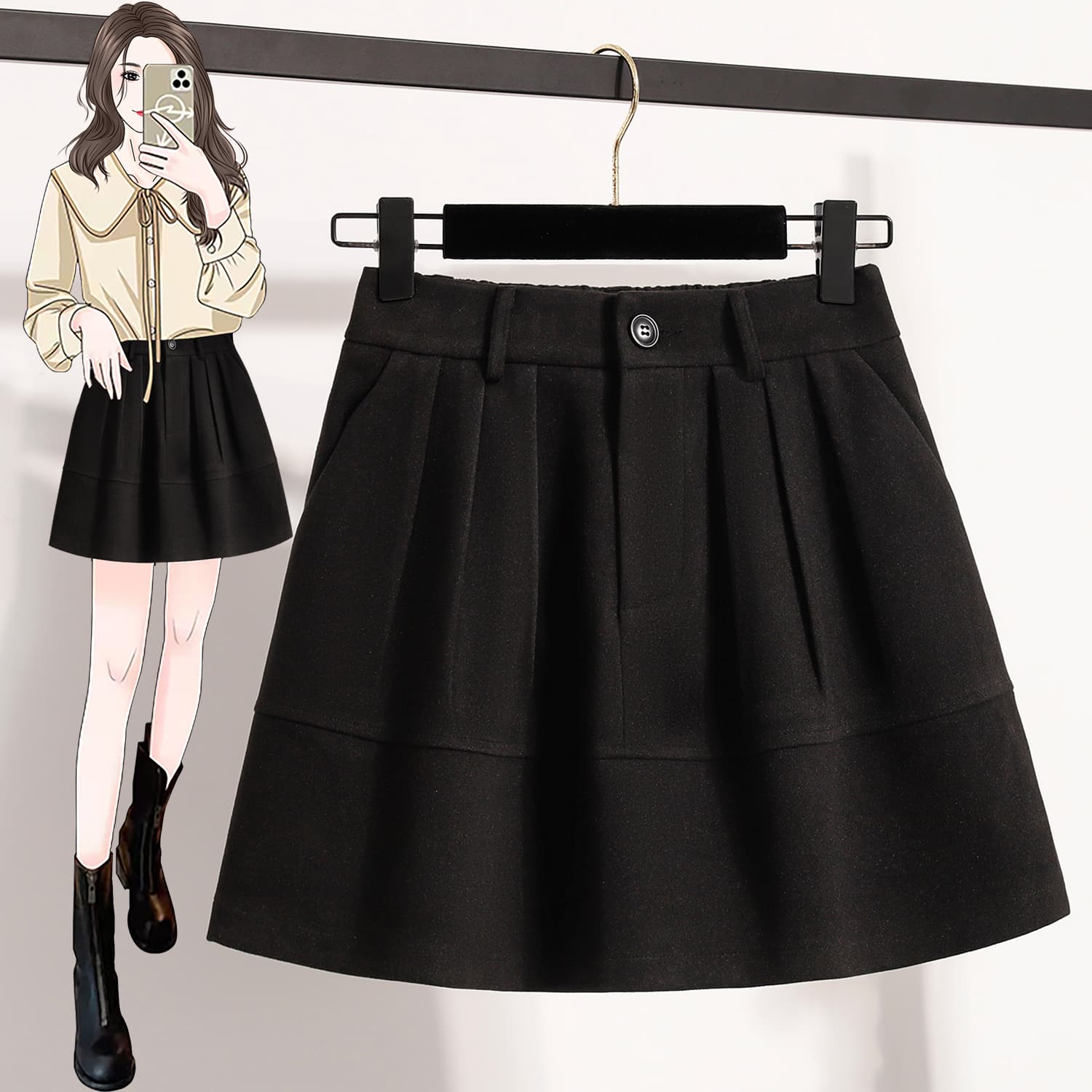모직 미니 스커트 여성 가을 겨울 새로운 하이웨이스트 슬림해 보이는 A라인 스커트 패션 다용도 표지 고기 퍼프 스커트 빅 사이즈 꽃밭 미니 스커트 이미지 2