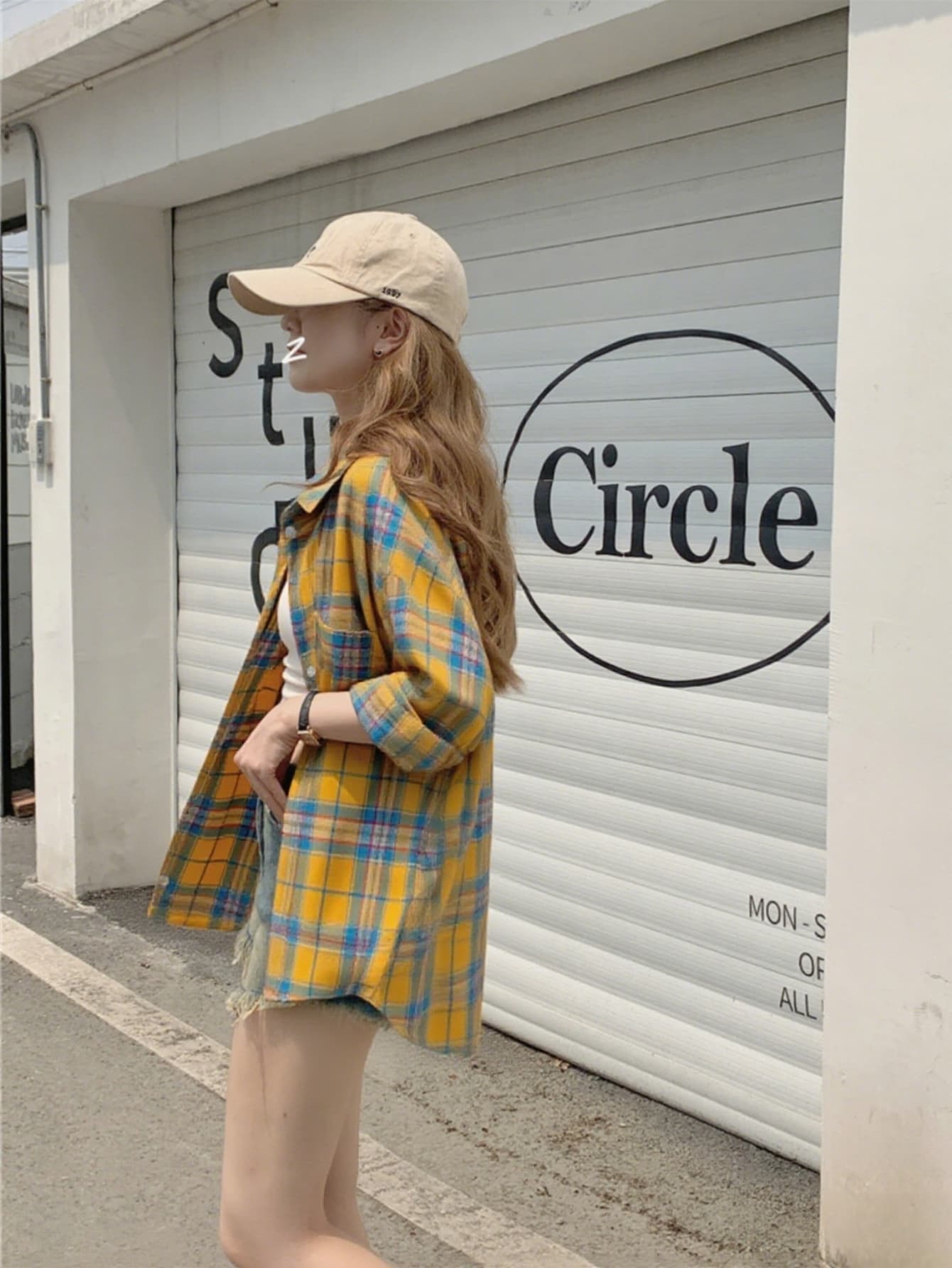 봄 여름 황색 체크무늬 긴팔 셔츠 상세 이미지 3