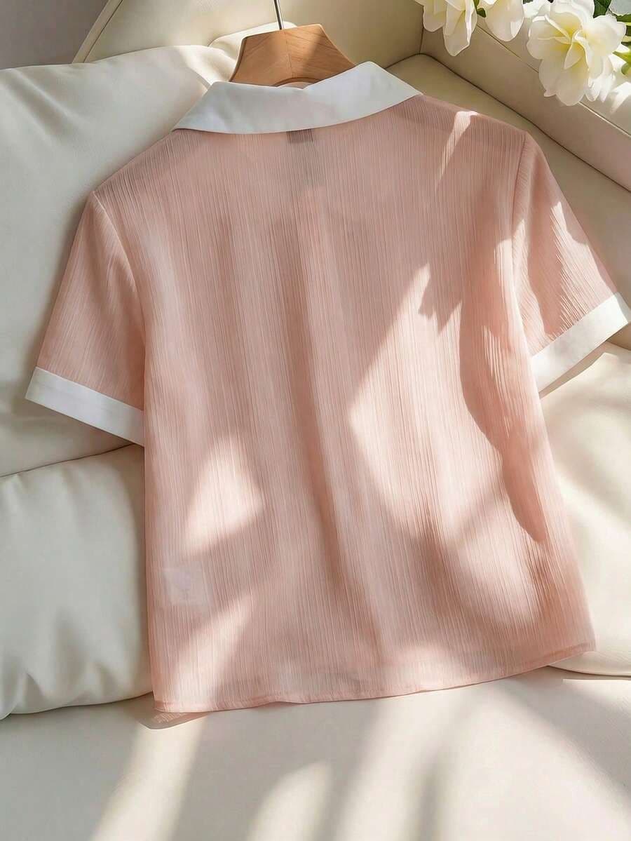 2026 여름 새로운 핑크색 한 부서 POLO 칼라 슬림해 보이는 작은 셔츠 상세 이미지 4