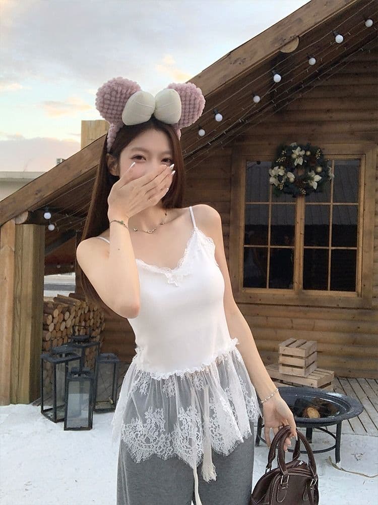 사람들 면 벨트 가슴 패드 화이트 V넥 레이스 캐미솔 여름 한 부서 순수한 욕망 바람 랩스커트팬츠 민소매 맨위 상세 이미지 13
