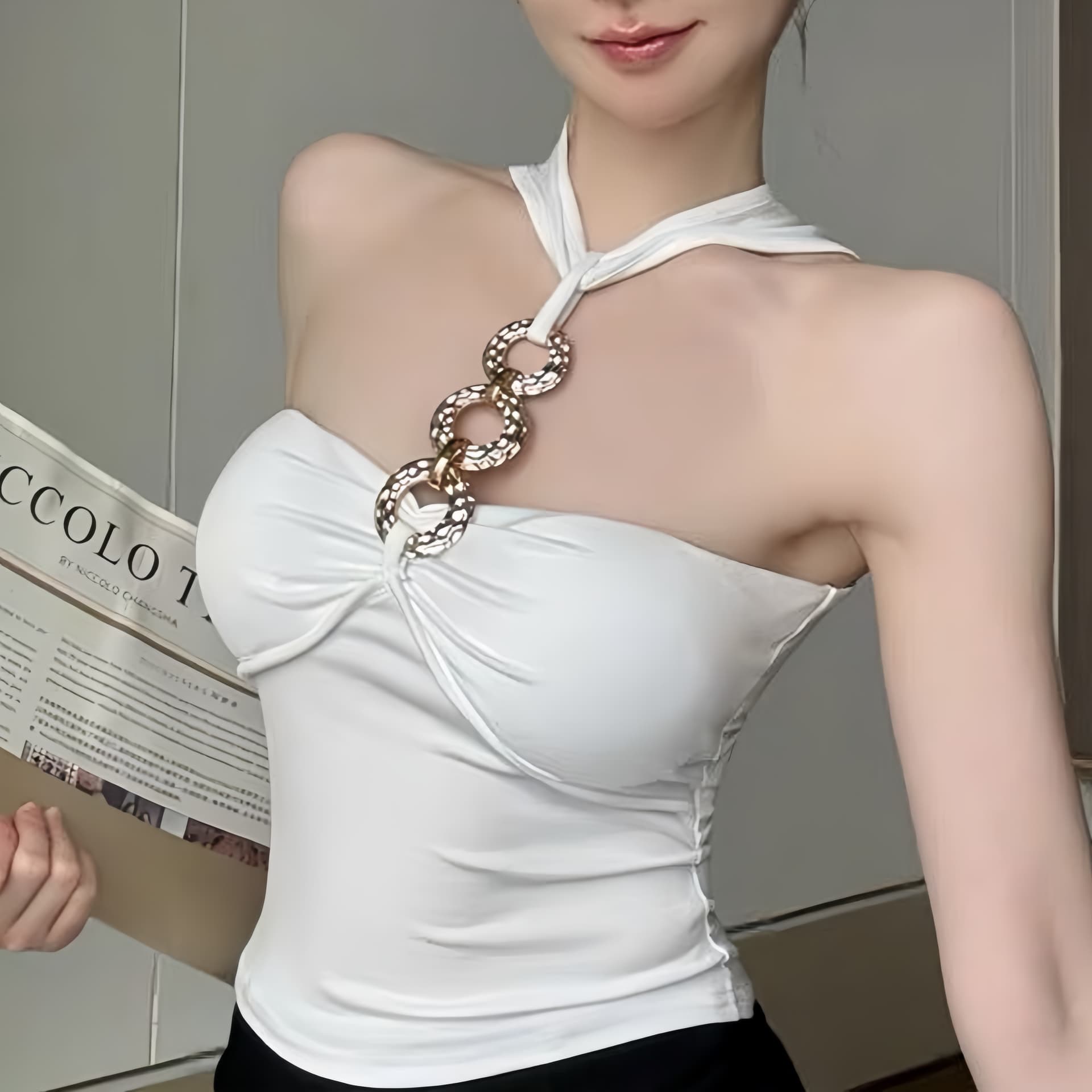 여름 새로운 순수한 욕망 훈련 사슬 행침 목 조끼 외출용 작은 대중 섹시함 원피스 벨트 가슴 패드 슬림해 보이는 이미지 5