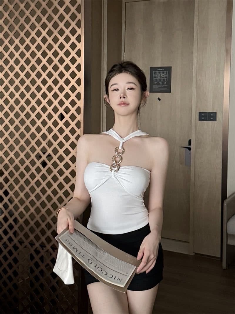 여름 새로운 순수한 욕망 훈련 사슬 행침 목 조끼 외출용 작은 대중 섹시함 원피스 벨트 가슴 패드 슬림해 보이는 상세 이미지 5