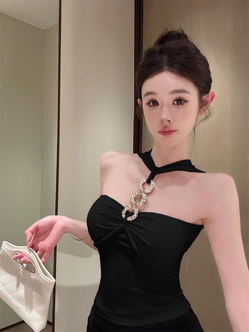 여름 새로운 순수한 욕망 훈련 사슬 행침 목 조끼 외출용 작은 대중 섹시함 원피스 벨트 가슴 패드 슬림해 보이는 상세 이미지 11